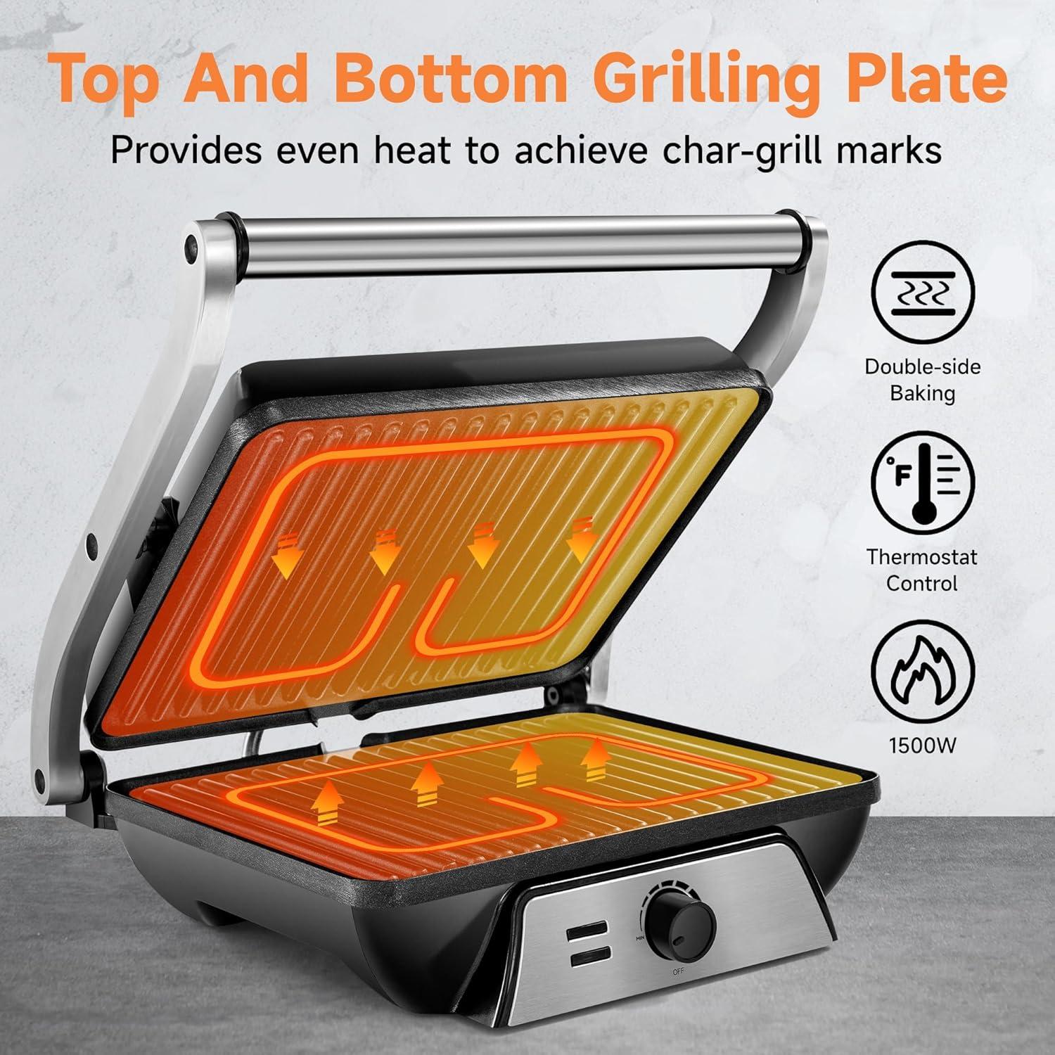 image:imageSUSTEAS Panini Press Sandwich Maker and Electric Indoor Grill with Temperature Time Setting Easy Clean Nonstick Grids Opens 180105 to Fit Any Type or Size of Food 1400W BBQ Black1500W