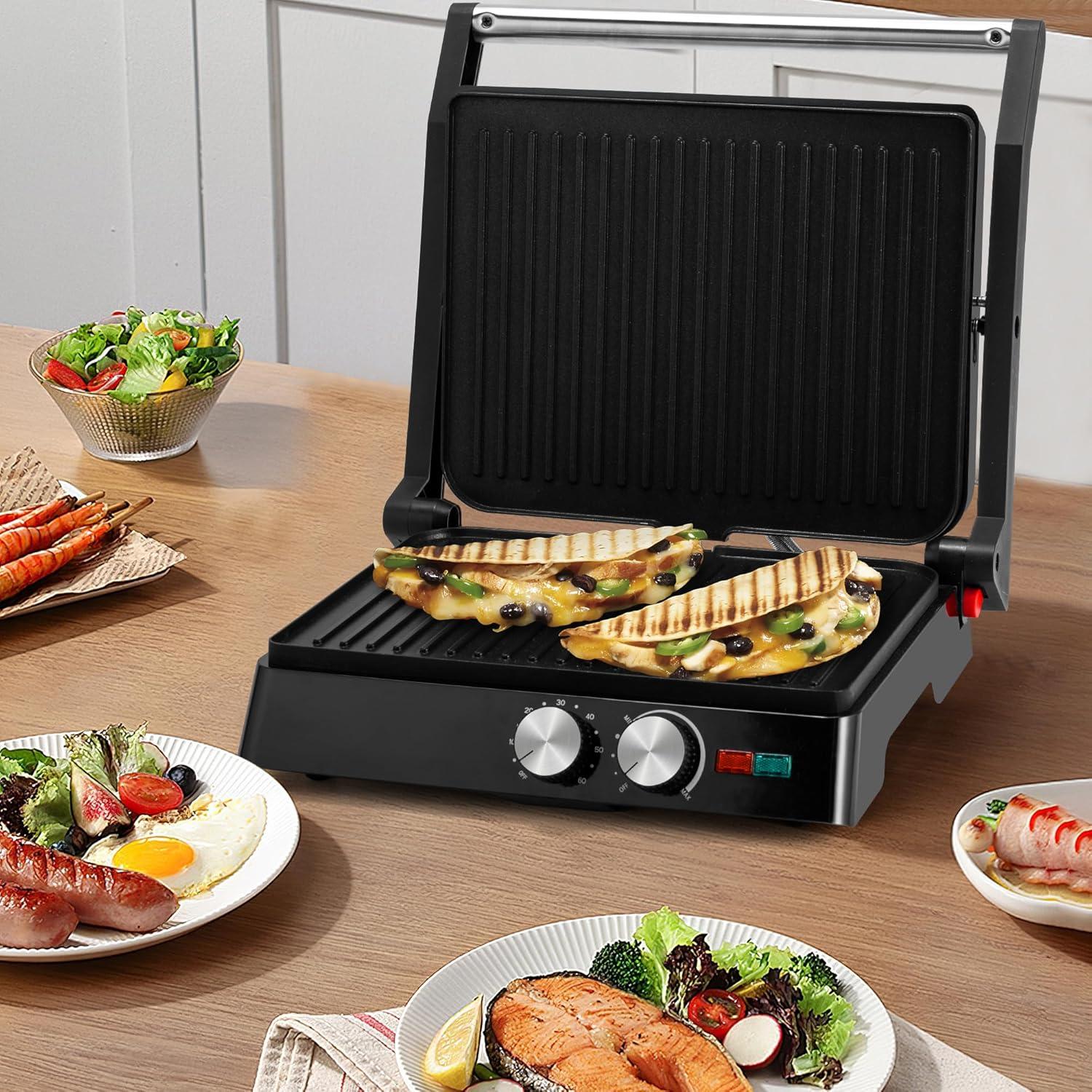 image:imageSUSTEAS Panini Press Sandwich Maker and Electric Indoor Grill with Temperature Time Setting Easy Clean Nonstick Grids Opens 180105 to Fit Any Type or Size of Food 1400W BBQ Black1400W