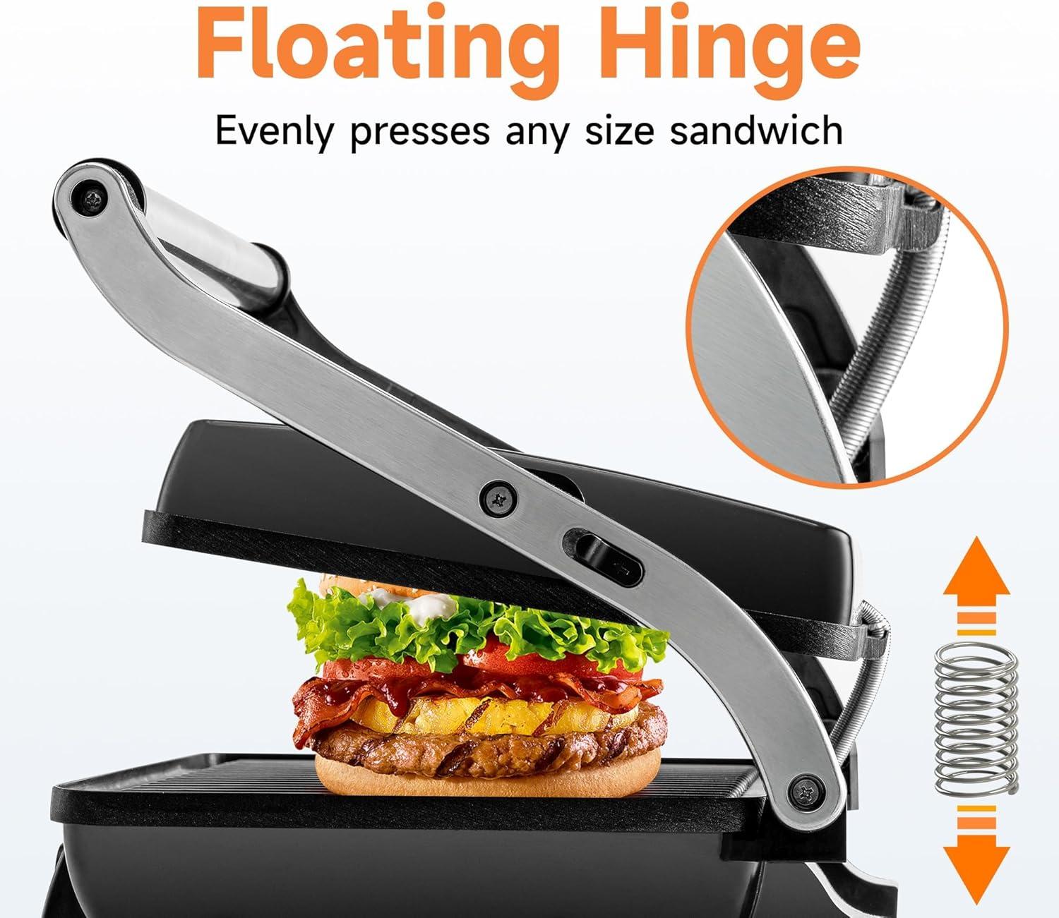 image:imageSUSTEAS Panini Press Sandwich Maker and Electric Indoor Grill with Temperature Time Setting Easy Clean Nonstick Grids Opens 180105 to Fit Any Type or Size of Food 1400W BBQ Black1500W