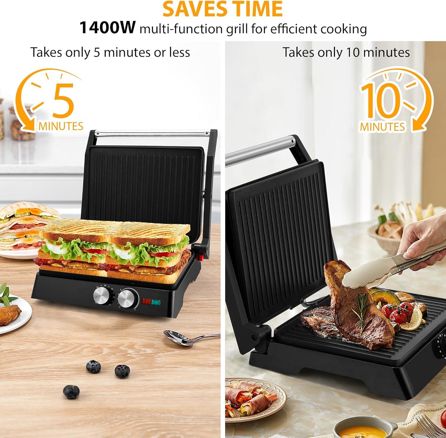 image:imageSUSTEAS Panini Press Sandwich Maker and Electric Indoor Grill with Temperature Time Setting Easy Clean Nonstick Grids Opens 180105 to Fit Any Type or Size of Food 1400W BBQ Black1400W