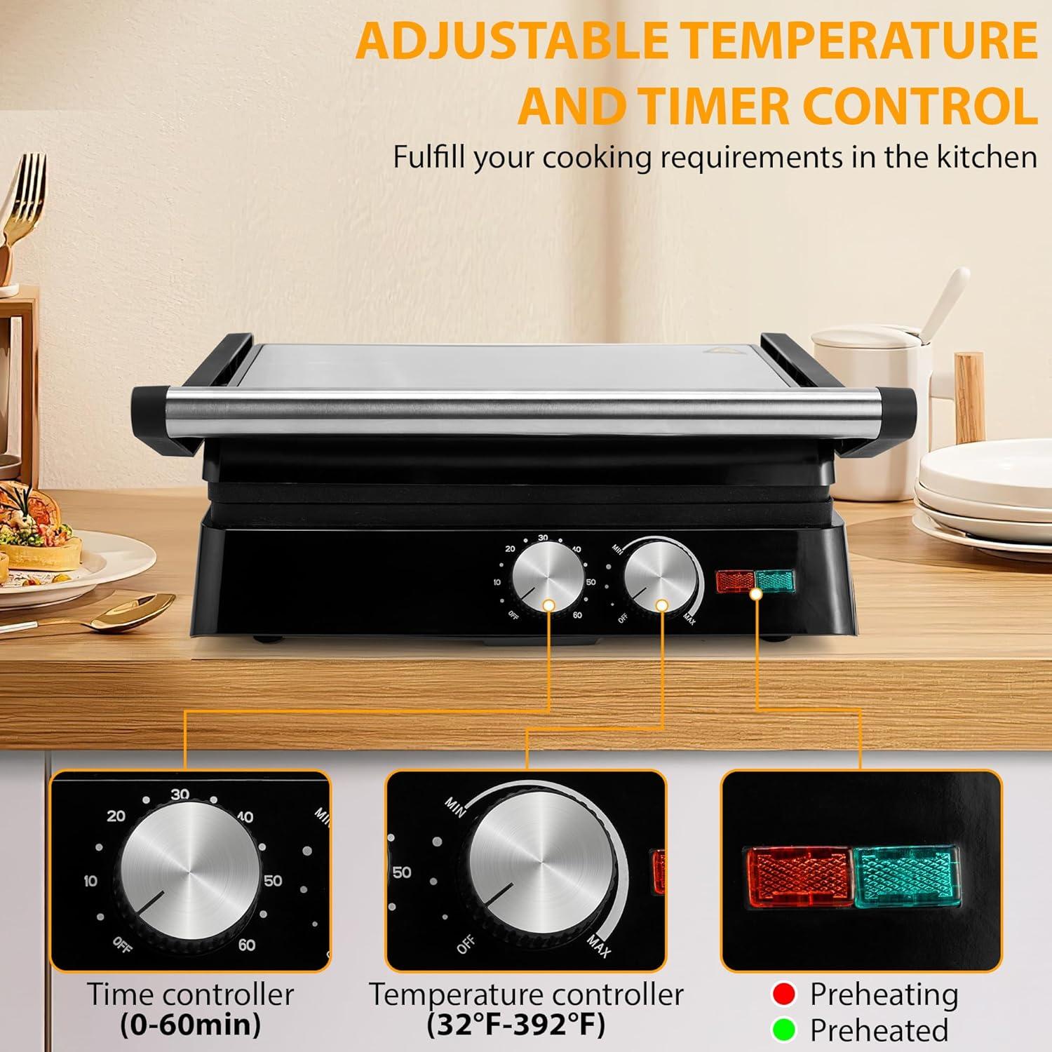 image:imageSUSTEAS Panini Press Sandwich Maker and Electric Indoor Grill with Temperature Time Setting Easy Clean Nonstick Grids Opens 180105 to Fit Any Type or Size of Food 1400W BBQ Black1400W