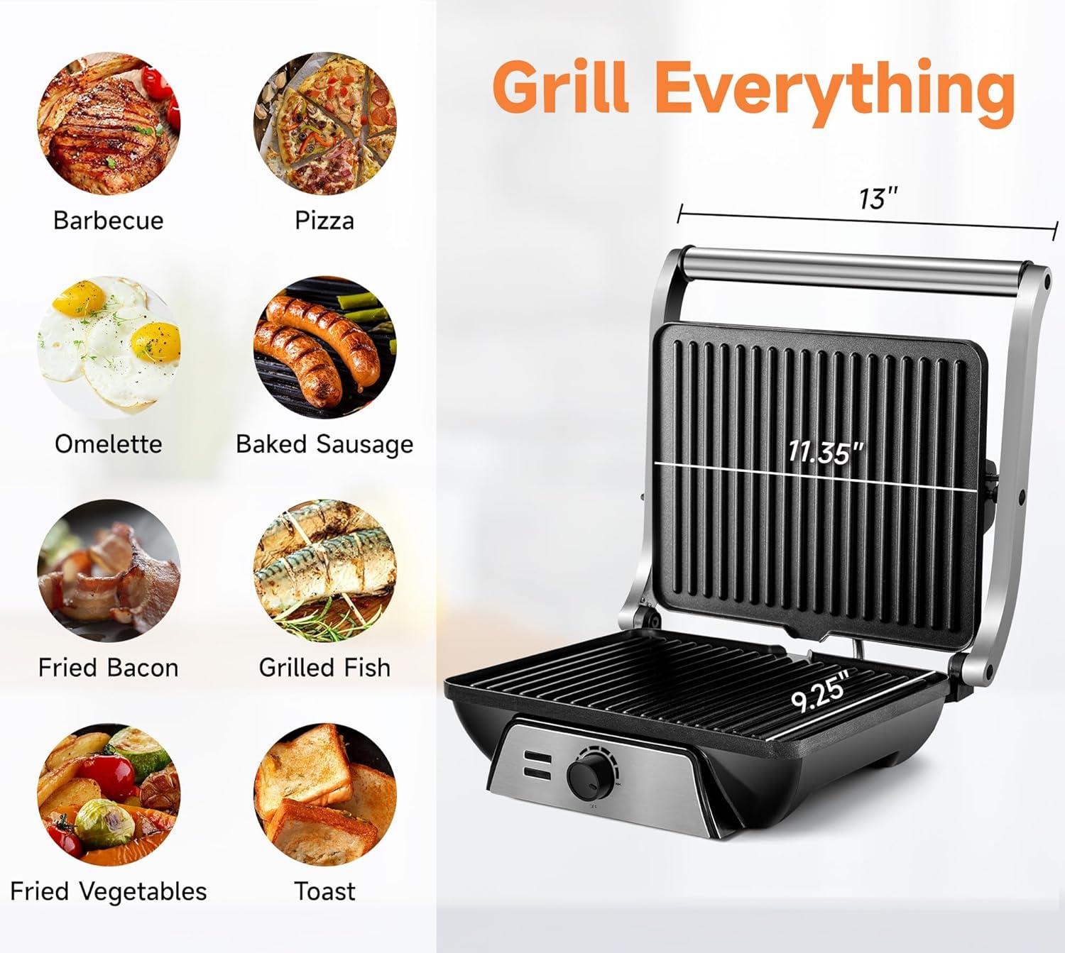 image:imageSUSTEAS Panini Press Sandwich Maker and Electric Indoor Grill with Temperature Time Setting Easy Clean Nonstick Grids Opens 180105 to Fit Any Type or Size of Food 1400W BBQ Black1500W