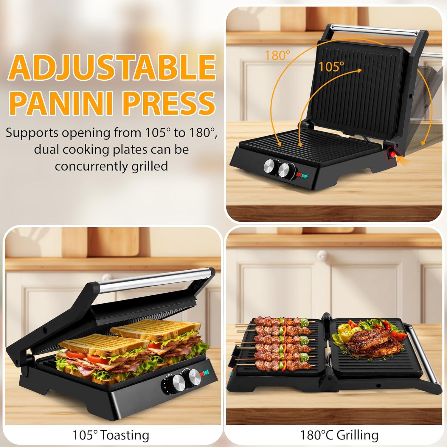 image:imageSUSTEAS Panini Press Sandwich Maker and Electric Indoor Grill with Temperature Time Setting Easy Clean Nonstick Grids Opens 180105 to Fit Any Type or Size of Food 1400W BBQ Black1400W