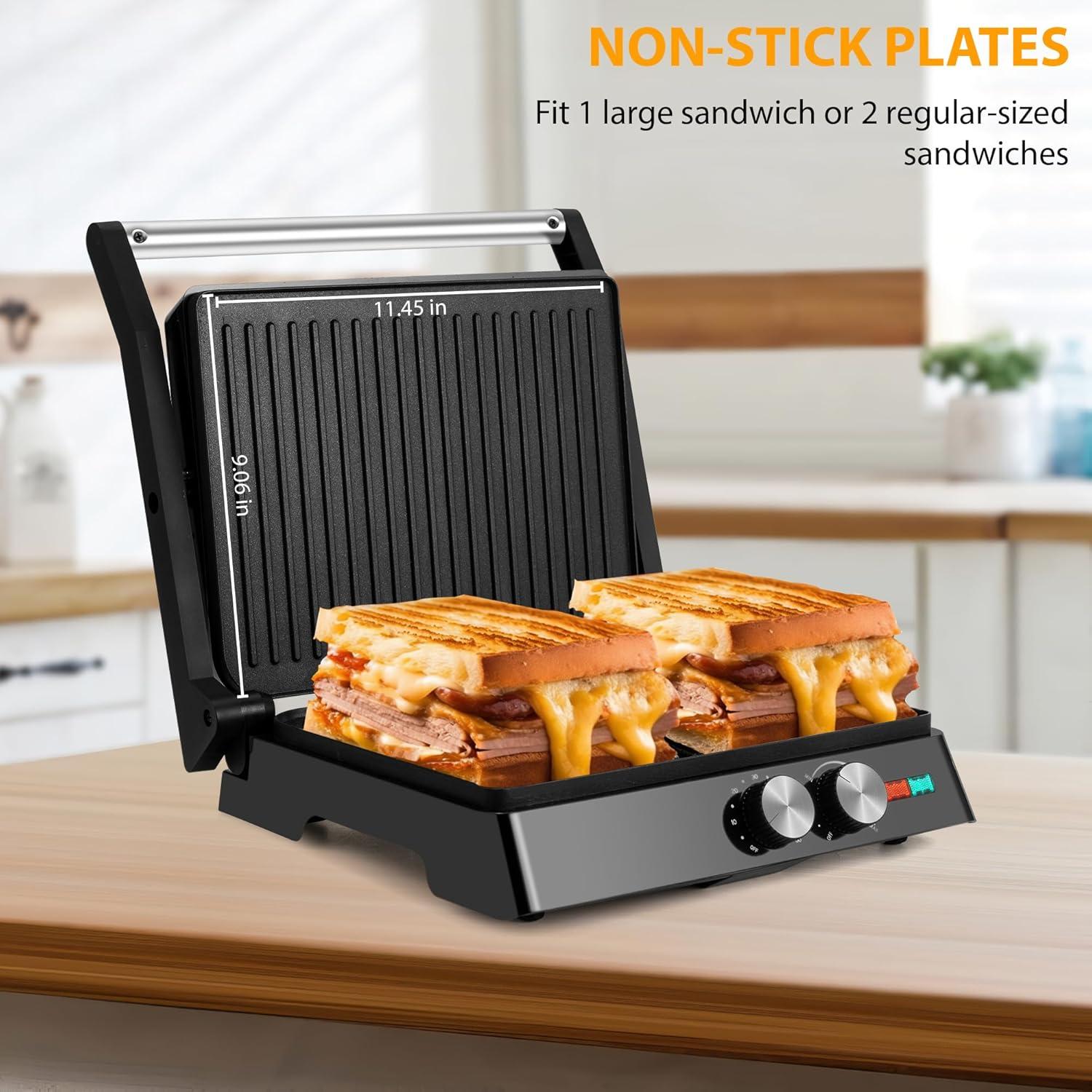 image:imageSUSTEAS Panini Press Sandwich Maker and Electric Indoor Grill with Temperature Time Setting Easy Clean Nonstick Grids Opens 180105 to Fit Any Type or Size of Food 1400W BBQ Black1400W