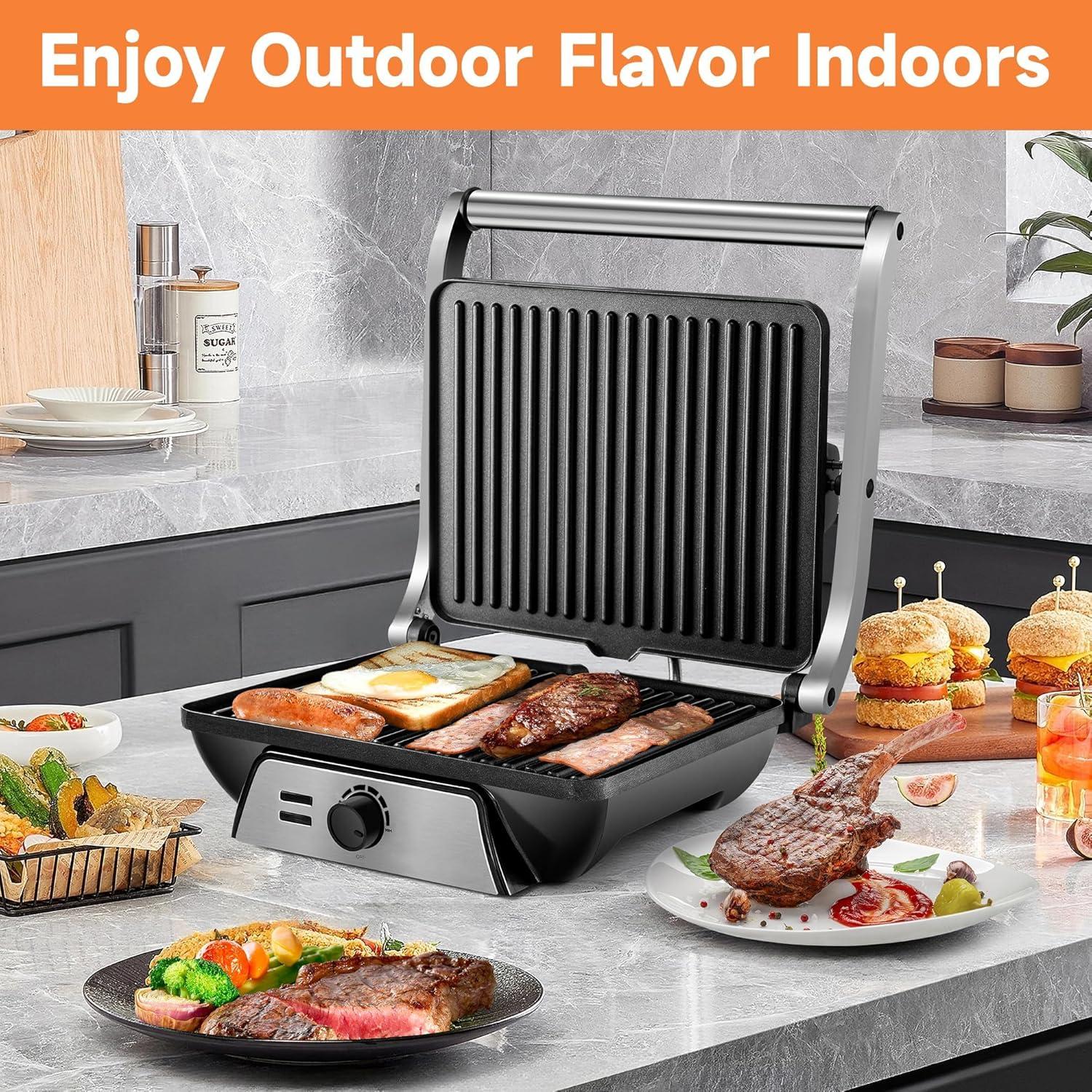 image:imageSUSTEAS Panini Press Sandwich Maker and Electric Indoor Grill with Temperature Time Setting Easy Clean Nonstick Grids Opens 180105 to Fit Any Type or Size of Food 1400W BBQ Black1500W