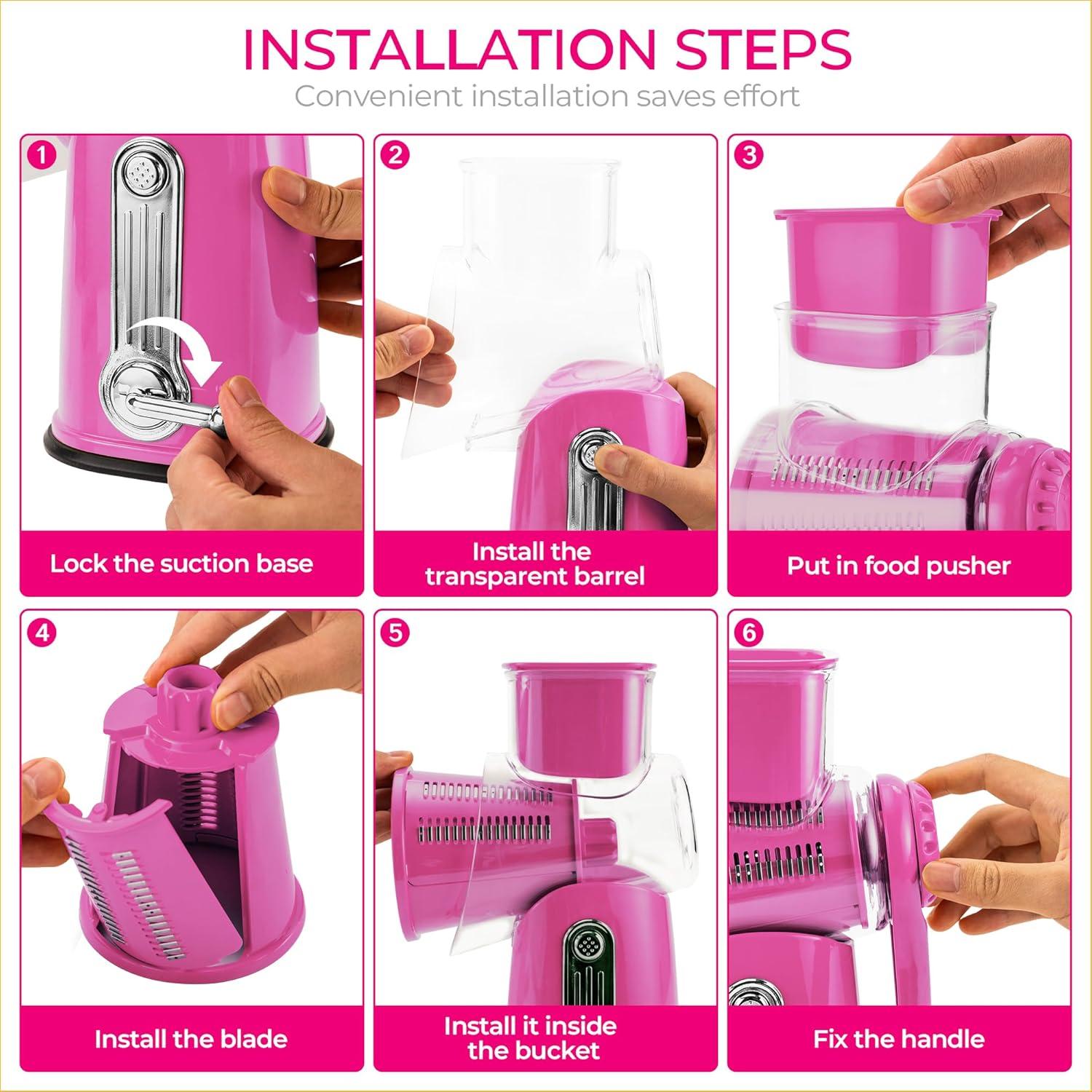 image:imageSUSTEAS Rotary Cheese Grater with Handle Vegetable Shredder with 5 Welldesigned Blades amp Strong Suction BaseRound Mandoline Slicer amp Food Chopper for Kitchenwith Blade Storage BoxRetro GreenPink