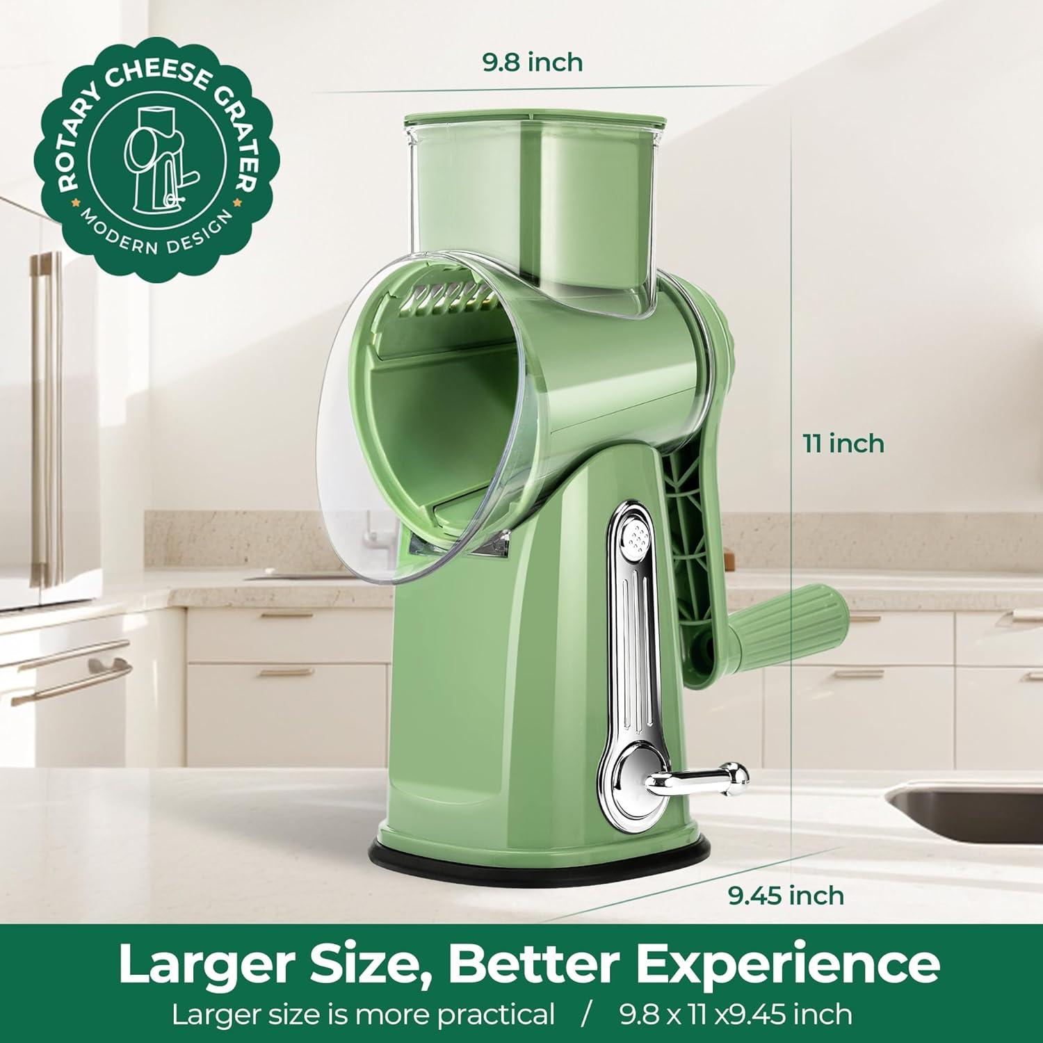 image:imageSUSTEAS Rotary Cheese Grater with Handle Vegetable Shredder with 5 Welldesigned Blades amp Strong Suction BaseRound Mandoline Slicer amp Food Chopper for Kitchenwith Blade Storage BoxRetro GreenGreen
