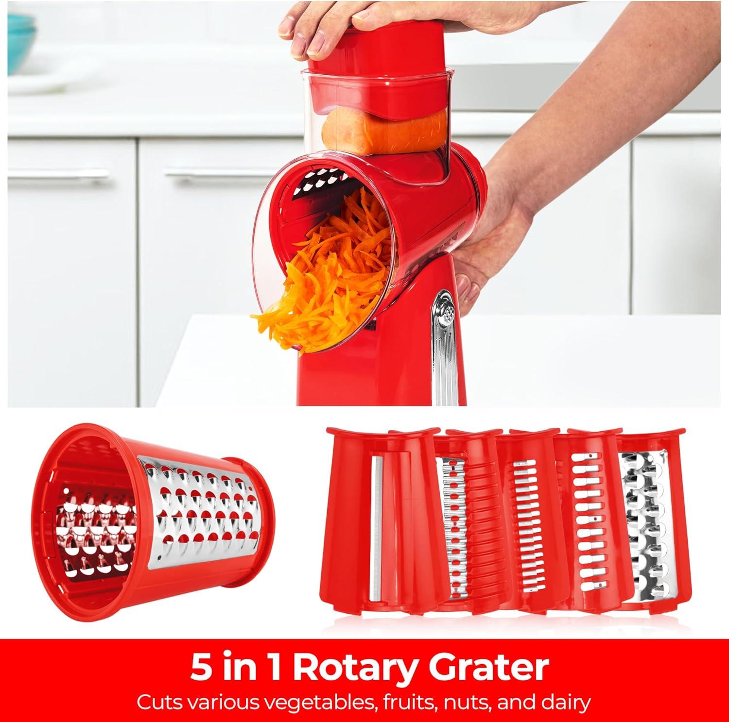 image:imageSUSTEAS Rotary Cheese Grater with Handle Vegetable Shredder with 5 Welldesigned Blades amp Strong Suction BaseRound Mandoline Slicer amp Food Chopper for Kitchenwith Blade Storage BoxRetro GreenRed