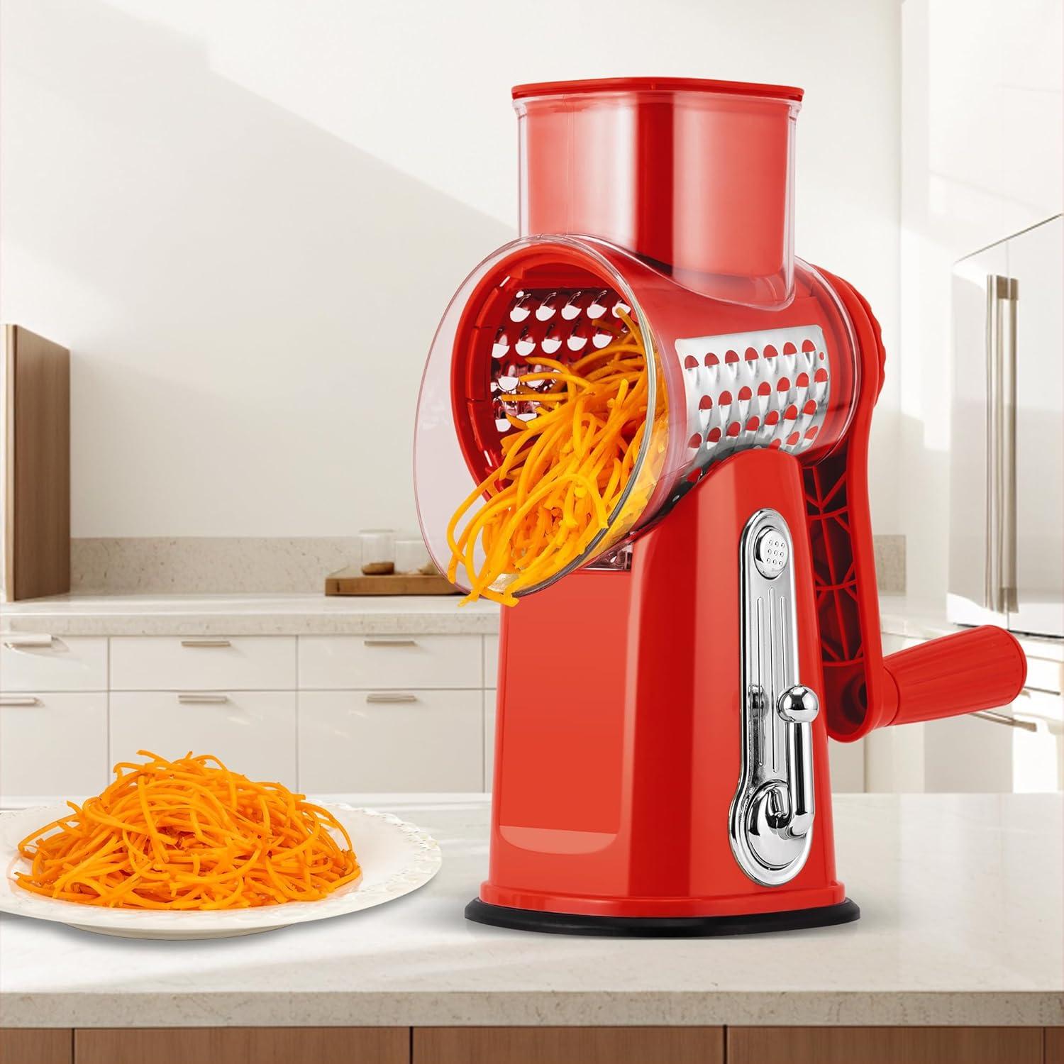 image:imageSUSTEAS Rotary Cheese Grater with Handle Vegetable Shredder with 5 Welldesigned Blades amp Strong Suction BaseRound Mandoline Slicer amp Food Chopper for Kitchenwith Blade Storage BoxRetro GreenRed