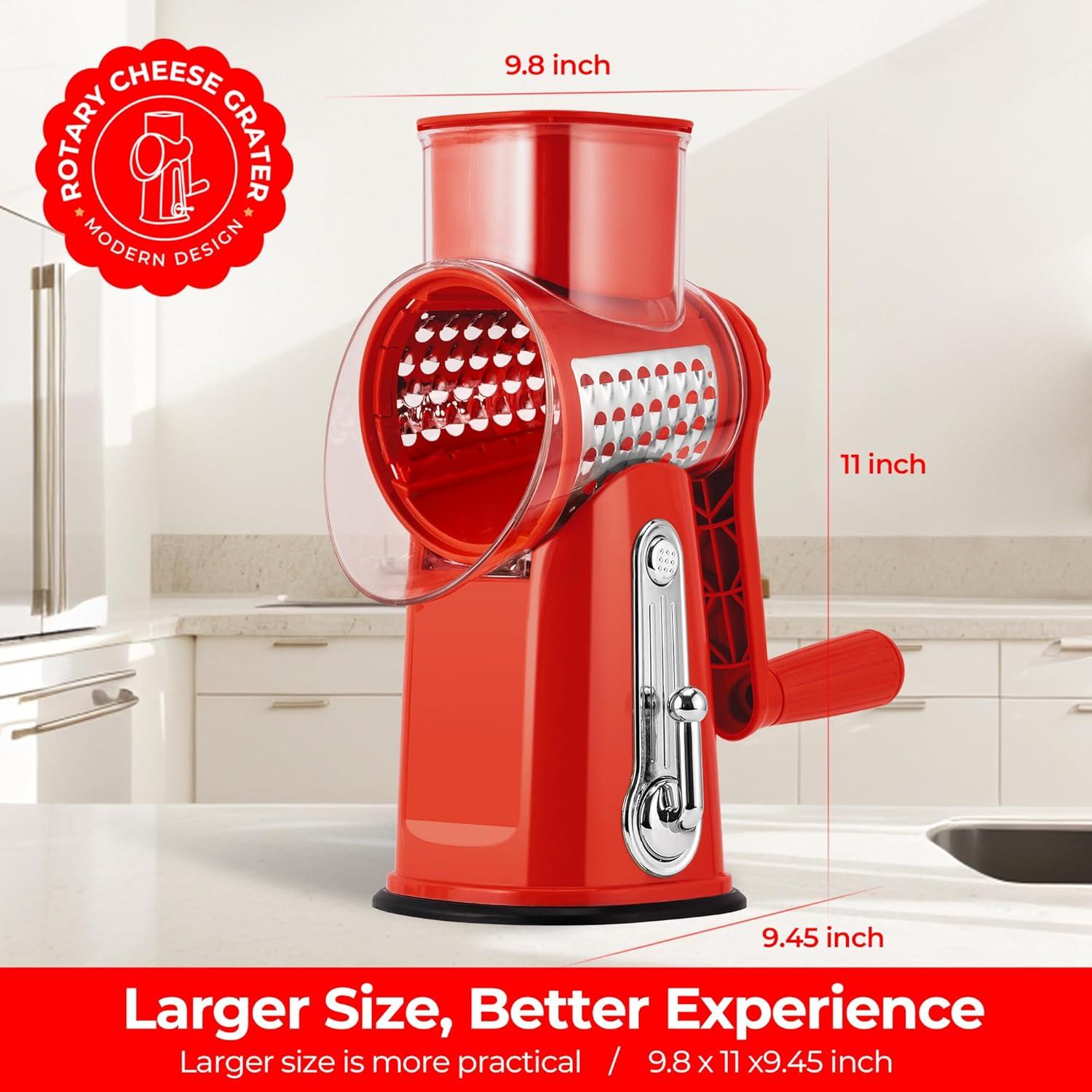 image:imageSUSTEAS Rotary Cheese Grater with Handle Vegetable Shredder with 5 Welldesigned Blades amp Strong Suction BaseRound Mandoline Slicer amp Food Chopper for Kitchenwith Blade Storage BoxRetro GreenRed