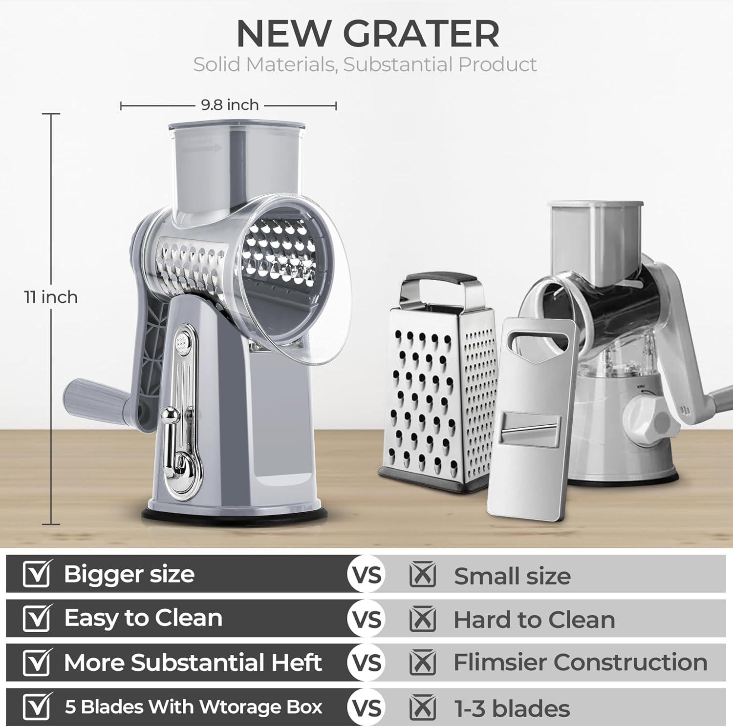image:imageSUSTEAS Rotary Cheese Grater with Handle Vegetable Shredder with 5 Welldesigned Blades amp Strong Suction BaseRound Mandoline Slicer amp Food Chopper for Kitchenwith Blade Storage BoxRetro GreenGray