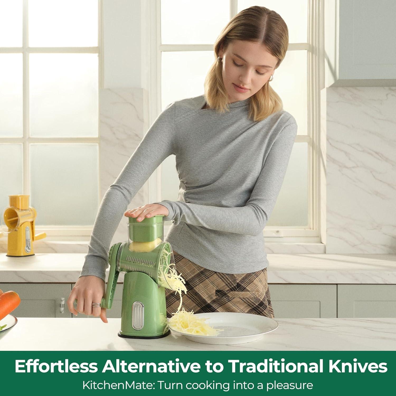image:imageSUSTEAS Rotary Cheese Grater with Handle Vegetable Shredder with 5 Welldesigned Blades amp Strong Suction BaseRound Mandoline Slicer amp Food Chopper for Kitchenwith Blade Storage BoxRetro GreenGreen
