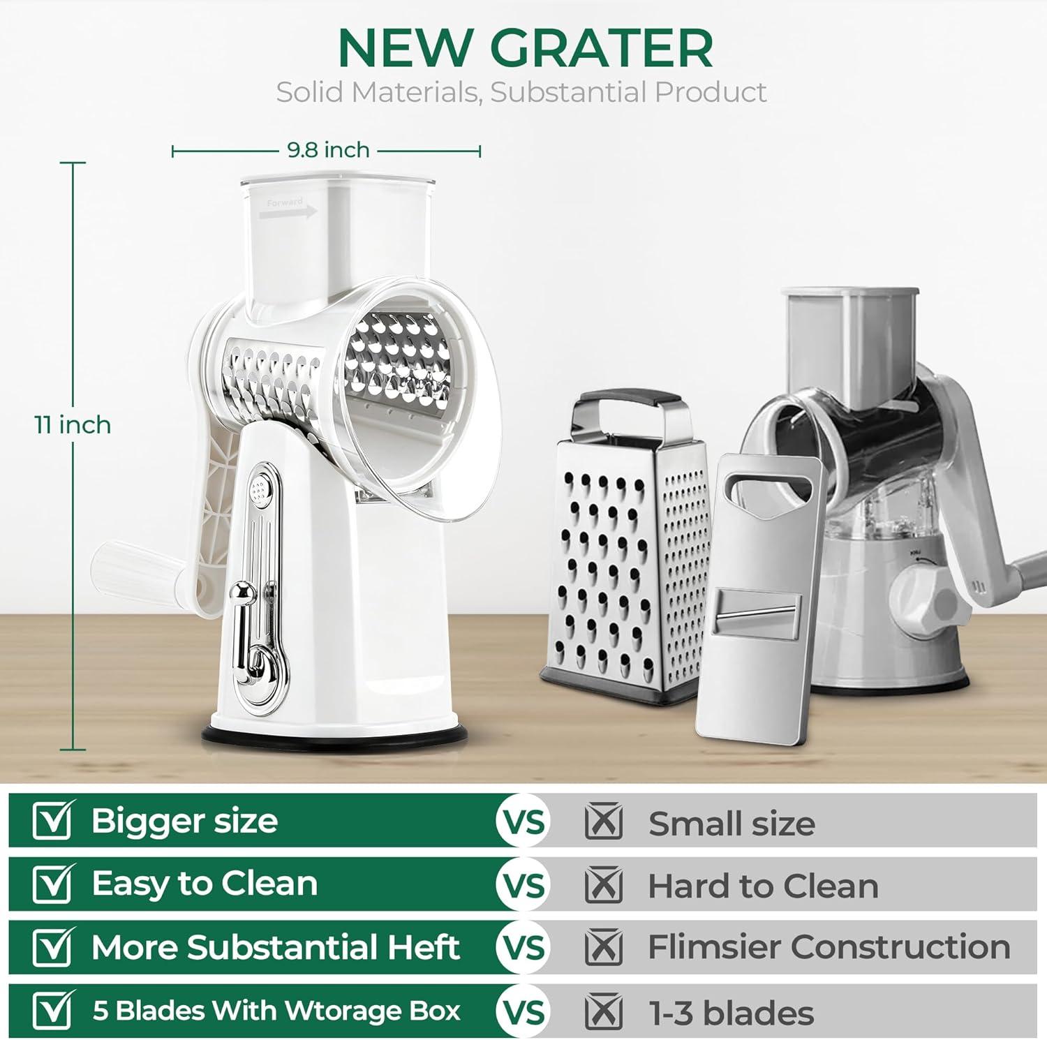 image:imageSUSTEAS Rotary Cheese Grater with Handle Vegetable Shredder with 5 Welldesigned Blades amp Strong Suction BaseRound Mandoline Slicer amp Food Chopper for Kitchenwith Blade Storage BoxRetro GreenWhite