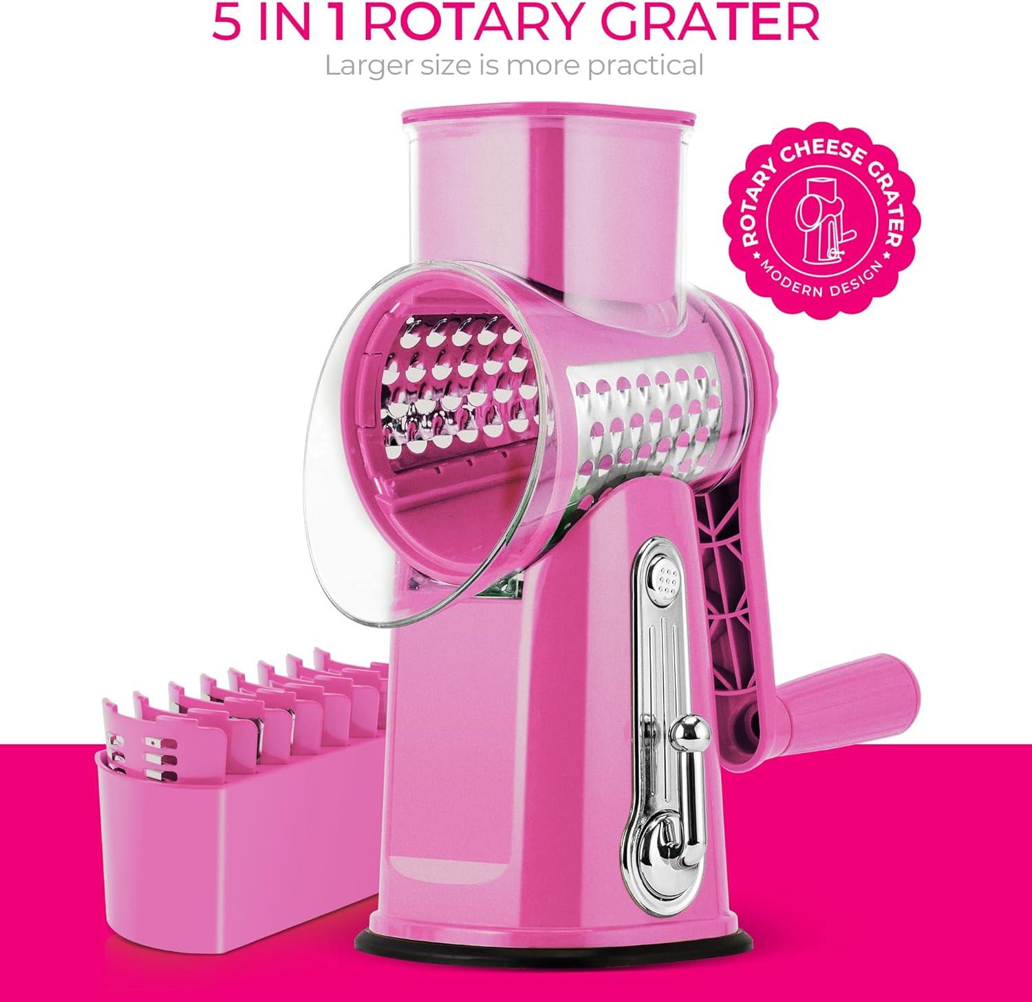 image:imageSUSTEAS Rotary Cheese Grater with Handle Vegetable Shredder with 5 Welldesigned Blades amp Strong Suction BaseRound Mandoline Slicer amp Food Chopper for Kitchenwith Blade Storage BoxRetro GreenPink