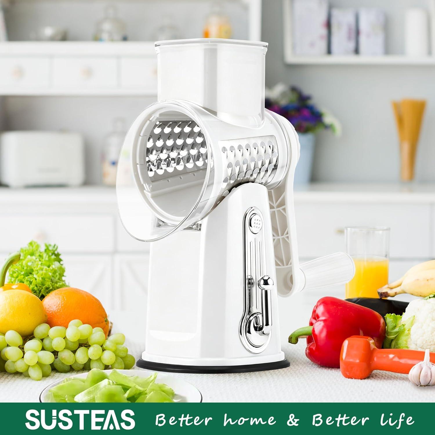 image:imageSUSTEAS Rotary Cheese Grater with Handle Vegetable Shredder with 5 Welldesigned Blades amp Strong Suction BaseRound Mandoline Slicer amp Food Chopper for Kitchenwith Blade Storage BoxRetro GreenWhite