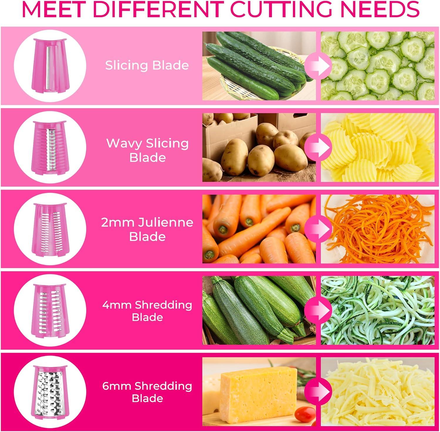 image:imageSUSTEAS Rotary Cheese Grater with Handle Vegetable Shredder with 5 Welldesigned Blades amp Strong Suction BaseRound Mandoline Slicer amp Food Chopper for Kitchenwith Blade Storage BoxRetro GreenPink