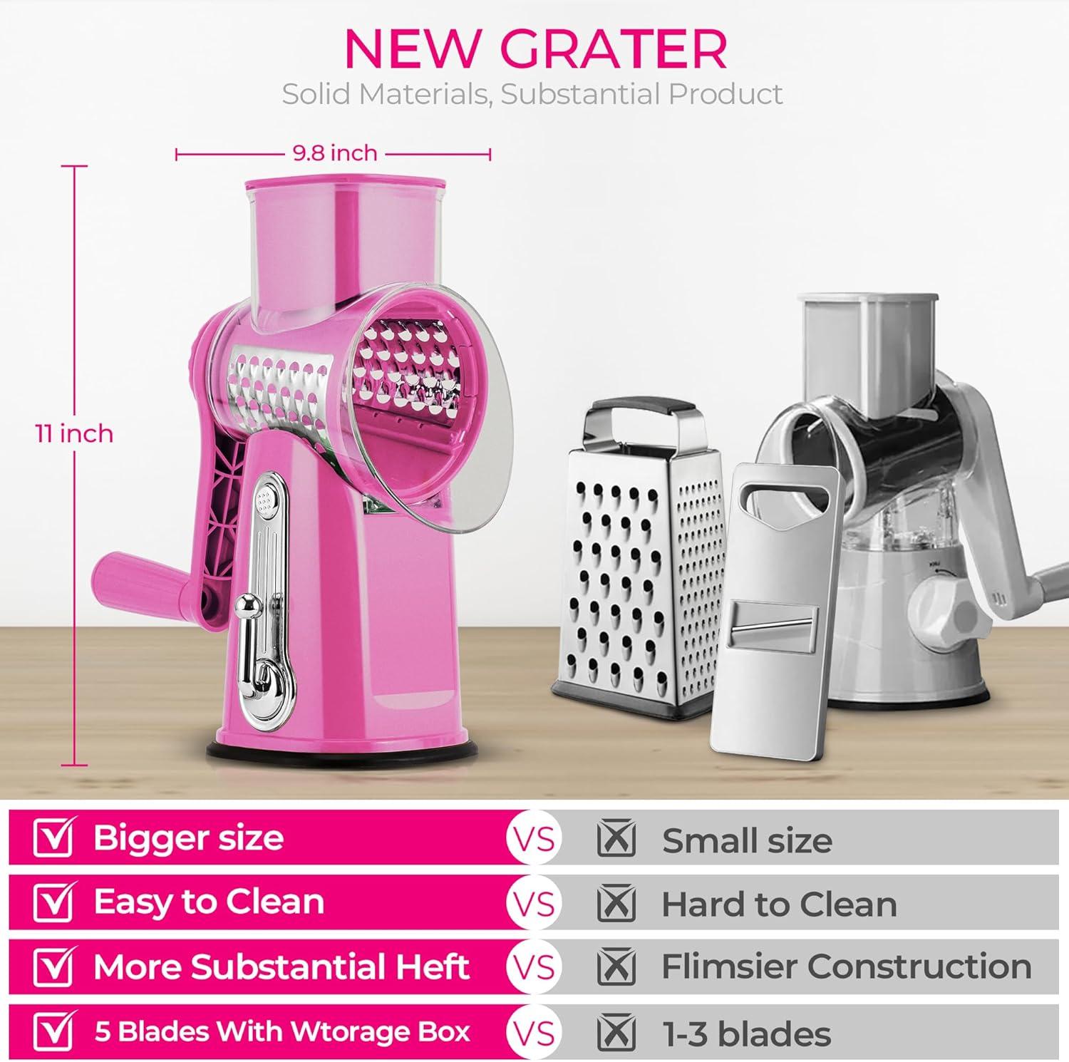 image:imageSUSTEAS Rotary Cheese Grater with Handle Vegetable Shredder with 5 Welldesigned Blades amp Strong Suction BaseRound Mandoline Slicer amp Food Chopper for Kitchenwith Blade Storage BoxRetro GreenPink