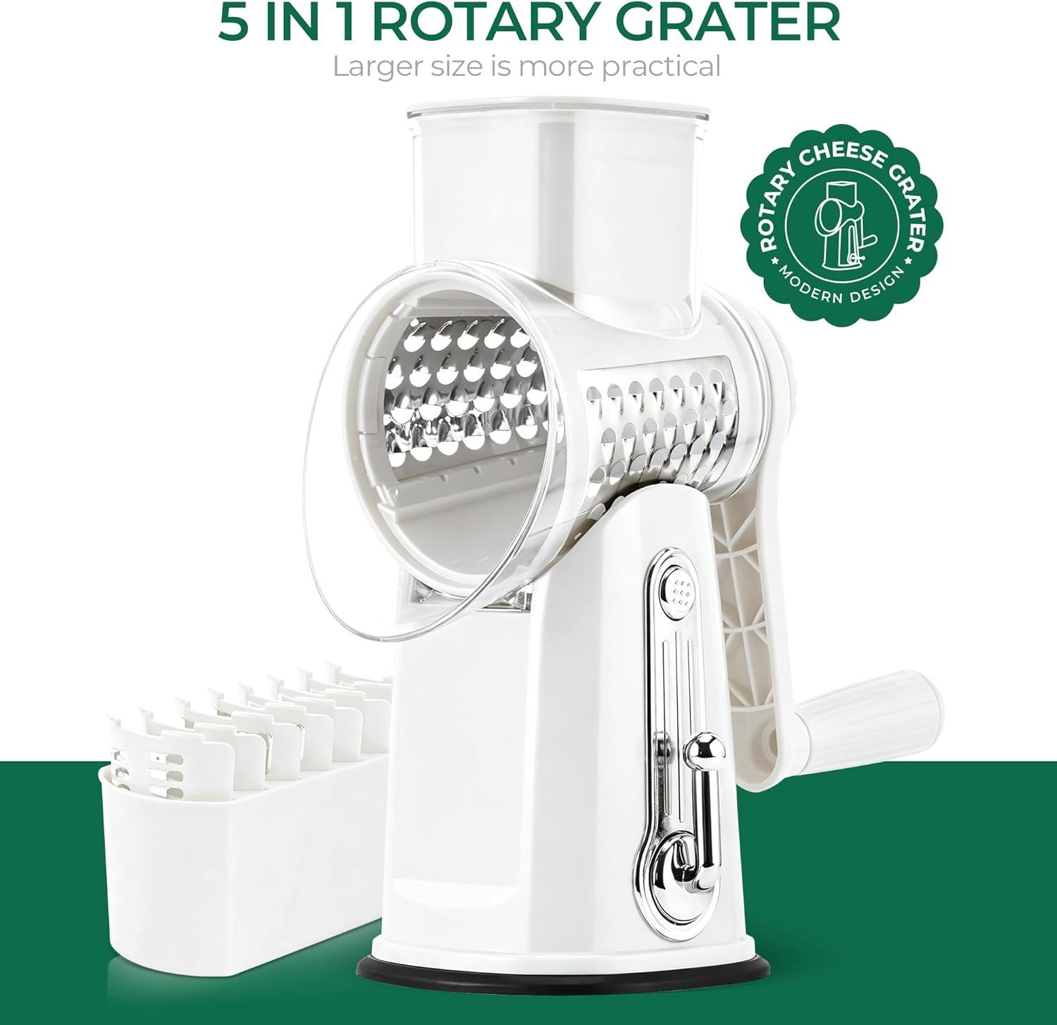 image:imageSUSTEAS Rotary Cheese Grater with Handle Vegetable Shredder with 5 Welldesigned Blades amp Strong Suction BaseRound Mandoline Slicer amp Food Chopper for Kitchenwith Blade Storage BoxRetro GreenWhite