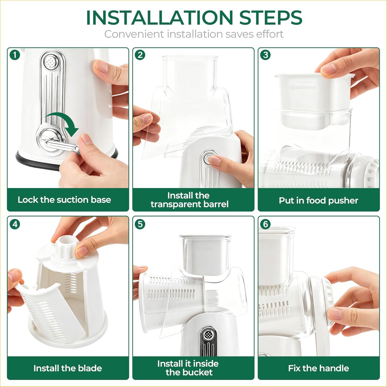 image:imageSUSTEAS Rotary Cheese Grater with Handle Vegetable Shredder with 5 Welldesigned Blades amp Strong Suction BaseRound Mandoline Slicer amp Food Chopper for Kitchenwith Blade Storage BoxRetro GreenWhite