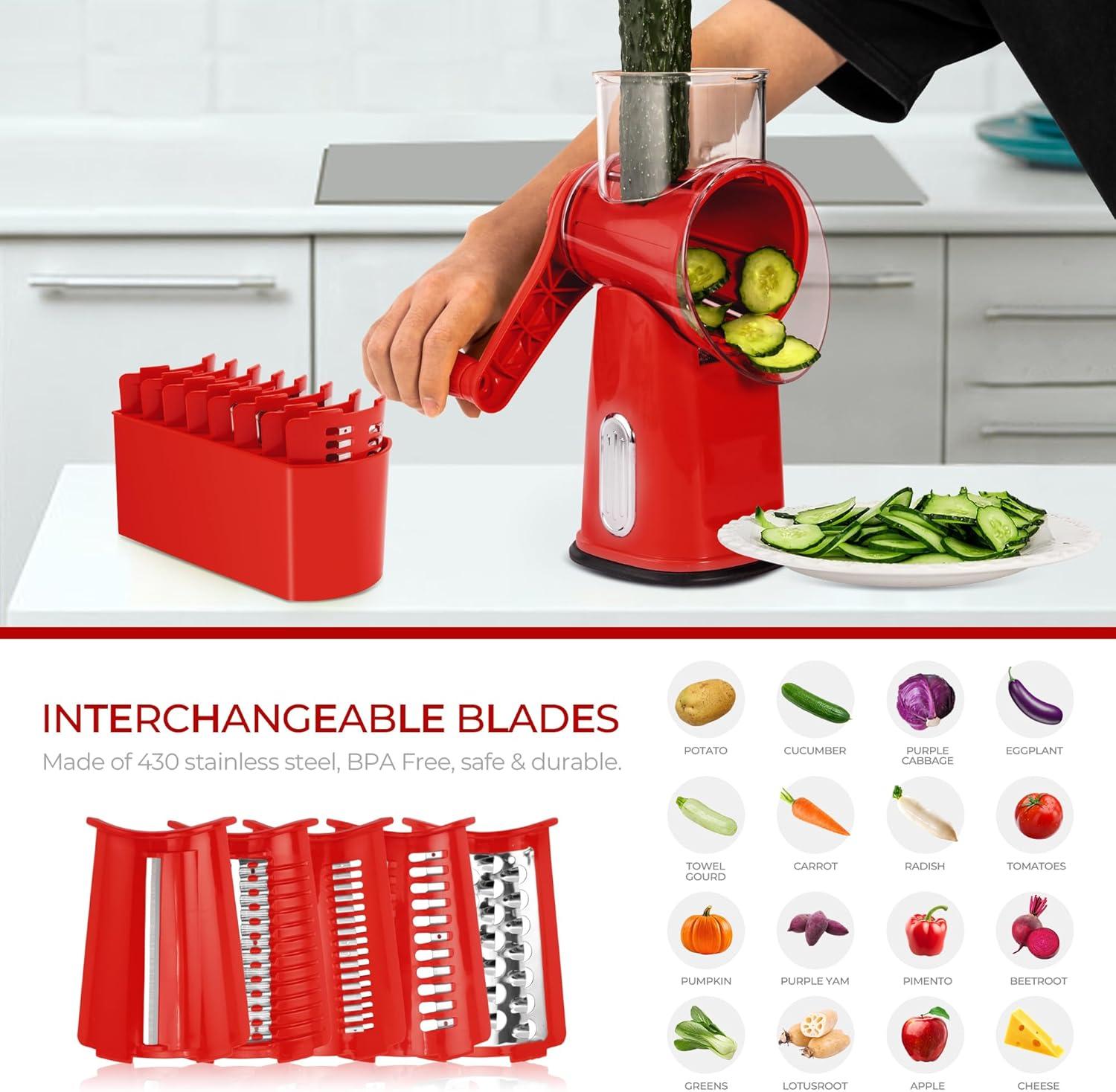 image:imageSUSTEAS Rotary Cheese Grater with Handle Vegetable Shredder with 5 Welldesigned Blades amp Strong Suction BaseRound Mandoline Slicer amp Food Chopper for Kitchenwith Blade Storage BoxRetro GreenRed