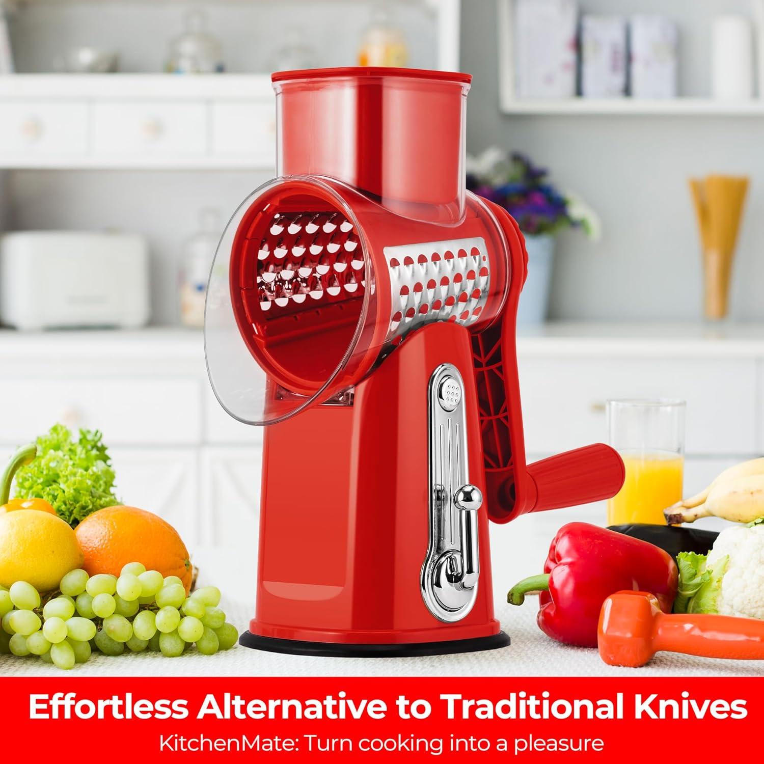 image:imageSUSTEAS Rotary Cheese Grater with Handle Vegetable Shredder with 5 Welldesigned Blades amp Strong Suction BaseRound Mandoline Slicer amp Food Chopper for Kitchenwith Blade Storage BoxRetro GreenRed