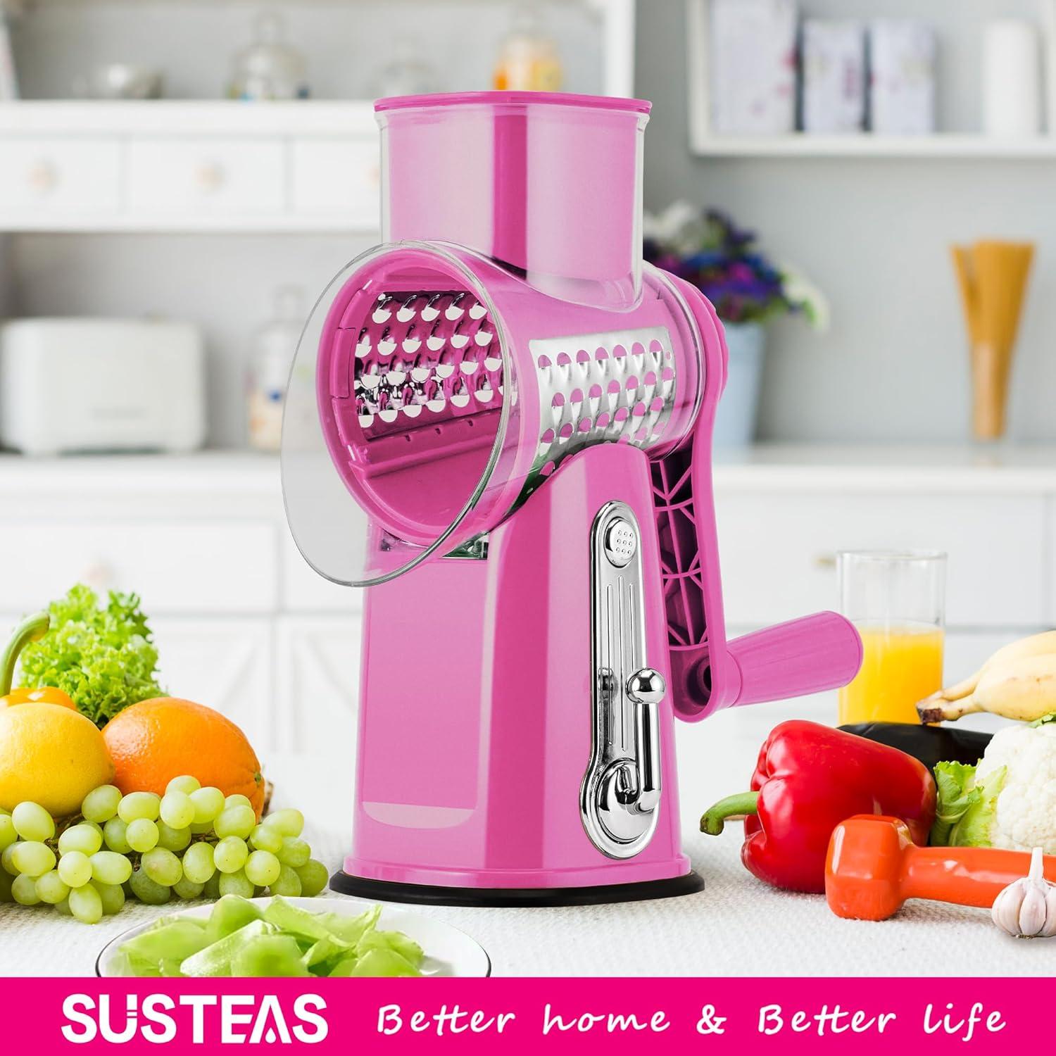 image:imageSUSTEAS Rotary Cheese Grater with Handle Vegetable Shredder with 5 Welldesigned Blades amp Strong Suction BaseRound Mandoline Slicer amp Food Chopper for Kitchenwith Blade Storage BoxRetro GreenPink