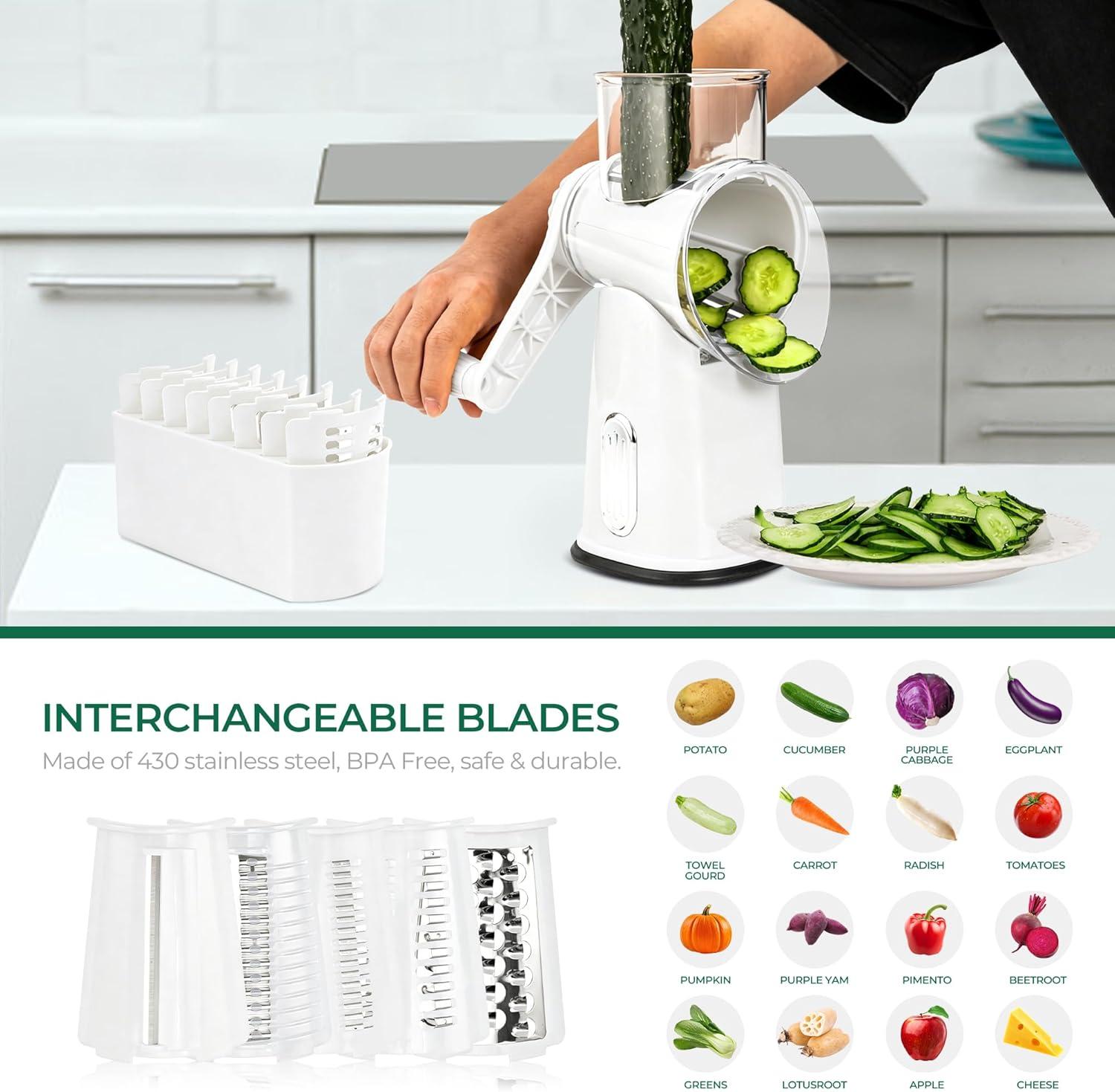 image:imageSUSTEAS Rotary Cheese Grater with Handle Vegetable Shredder with 5 Welldesigned Blades amp Strong Suction BaseRound Mandoline Slicer amp Food Chopper for Kitchenwith Blade Storage BoxRetro GreenWhite