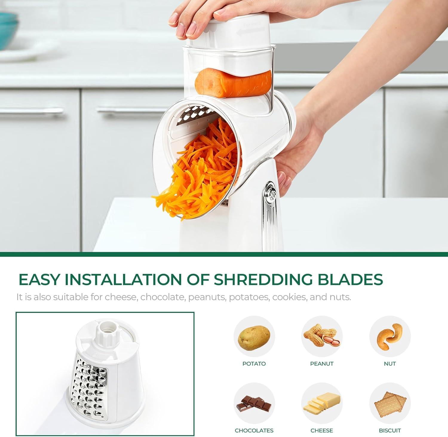 image:imageSUSTEAS Rotary Cheese Grater with Handle Vegetable Shredder with 5 Welldesigned Blades amp Strong Suction BaseRound Mandoline Slicer amp Food Chopper for Kitchenwith Blade Storage BoxRetro GreenWhite