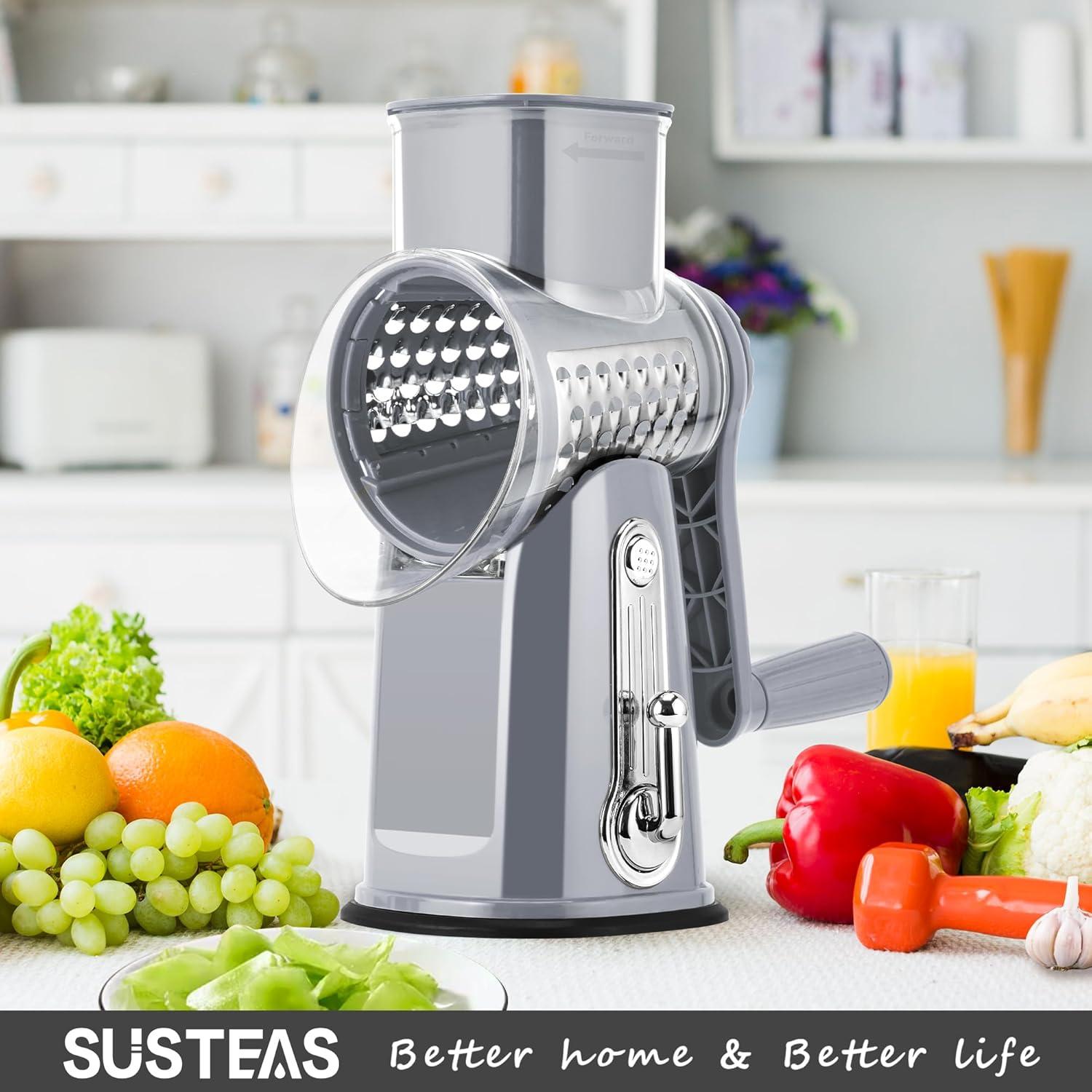 image:imageSUSTEAS Rotary Cheese Grater with Handle Vegetable Shredder with 5 Welldesigned Blades amp Strong Suction BaseRound Mandoline Slicer amp Food Chopper for Kitchenwith Blade Storage BoxRetro GreenGray