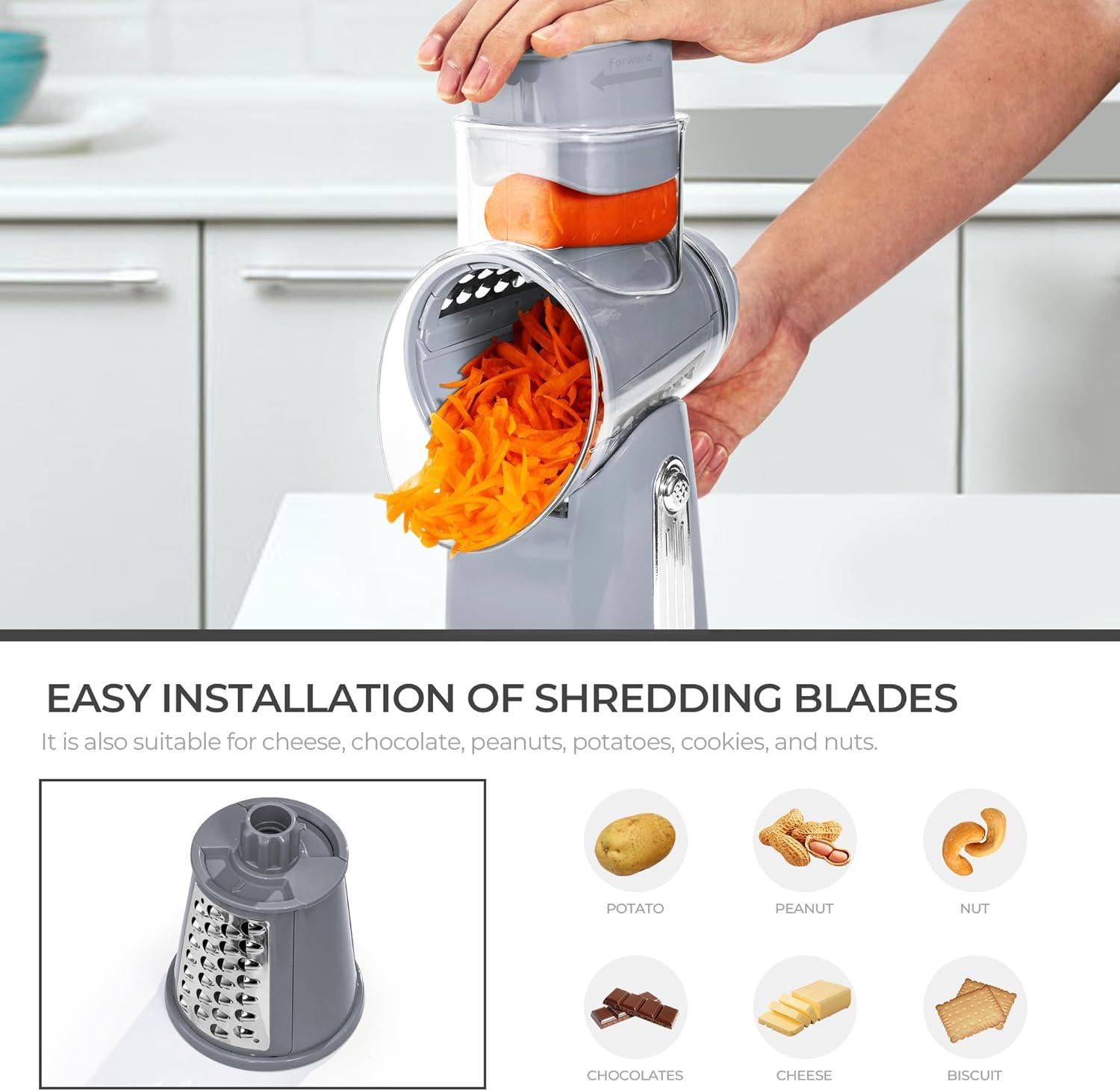 image:imageSUSTEAS Rotary Cheese Grater with Handle Vegetable Shredder with 5 Welldesigned Blades amp Strong Suction BaseRound Mandoline Slicer amp Food Chopper for Kitchenwith Blade Storage BoxRetro GreenGray
