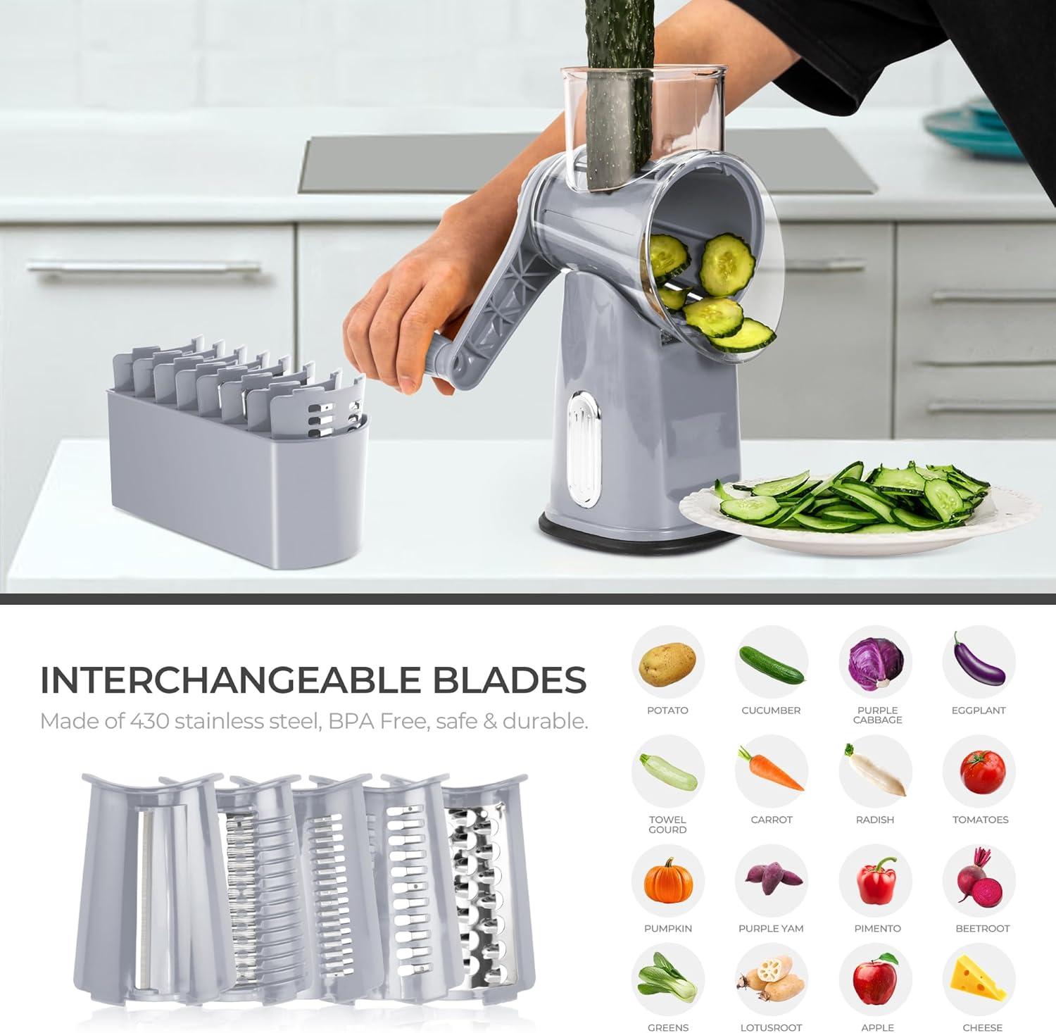 image:imageSUSTEAS Rotary Cheese Grater with Handle Vegetable Shredder with 5 Welldesigned Blades amp Strong Suction BaseRound Mandoline Slicer amp Food Chopper for Kitchenwith Blade Storage BoxRetro GreenGray