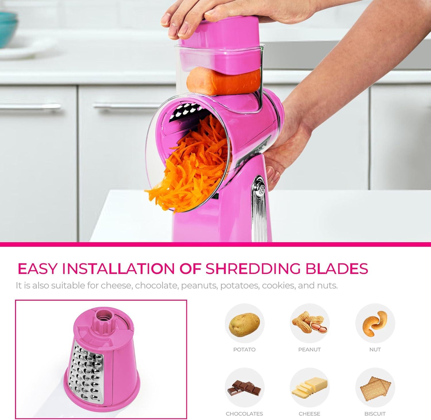 image:imageSUSTEAS Rotary Cheese Grater with Handle Vegetable Shredder with 5 Welldesigned Blades amp Strong Suction BaseRound Mandoline Slicer amp Food Chopper for Kitchenwith Blade Storage BoxRetro GreenPink
