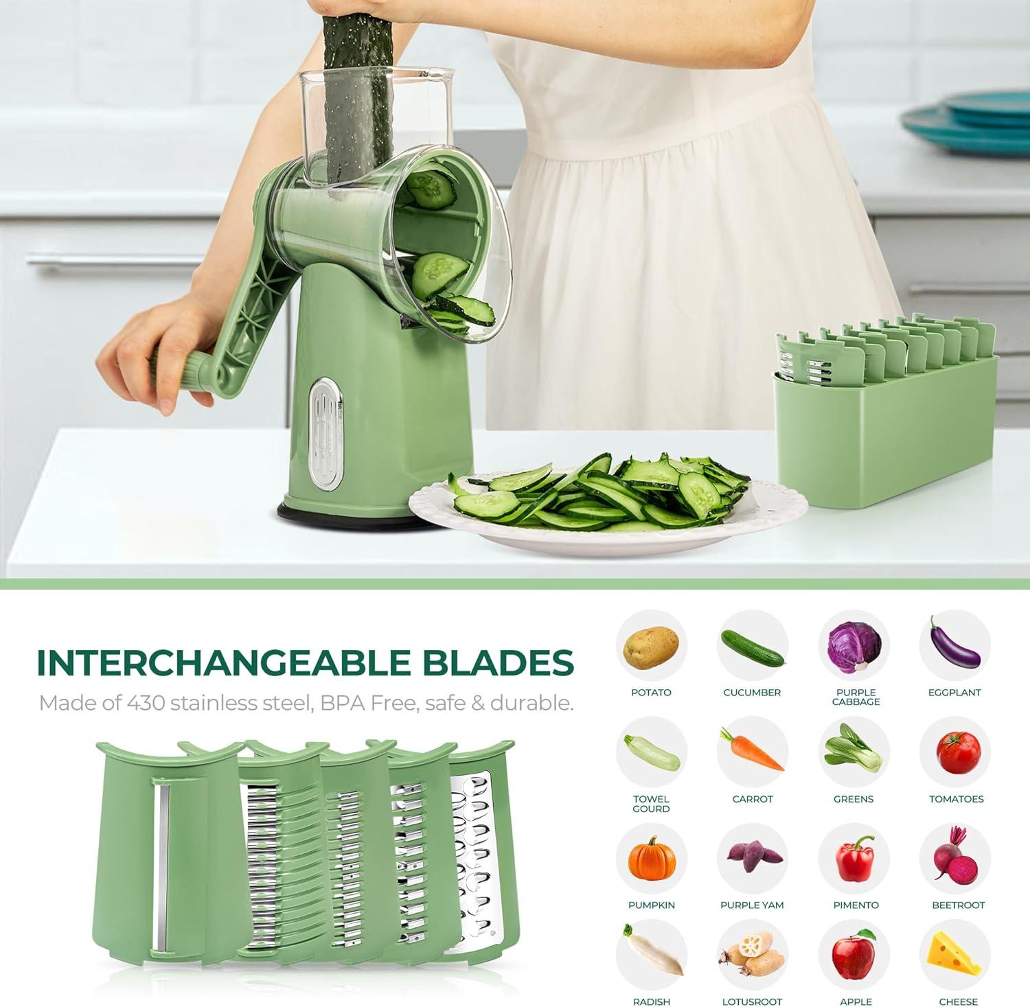 image:imageSUSTEAS Rotary Cheese Grater with Handle Vegetable Shredder with 5 Welldesigned Blades amp Strong Suction BaseRound Mandoline Slicer amp Food Chopper for Kitchenwith Blade Storage BoxRetro GreenGreen