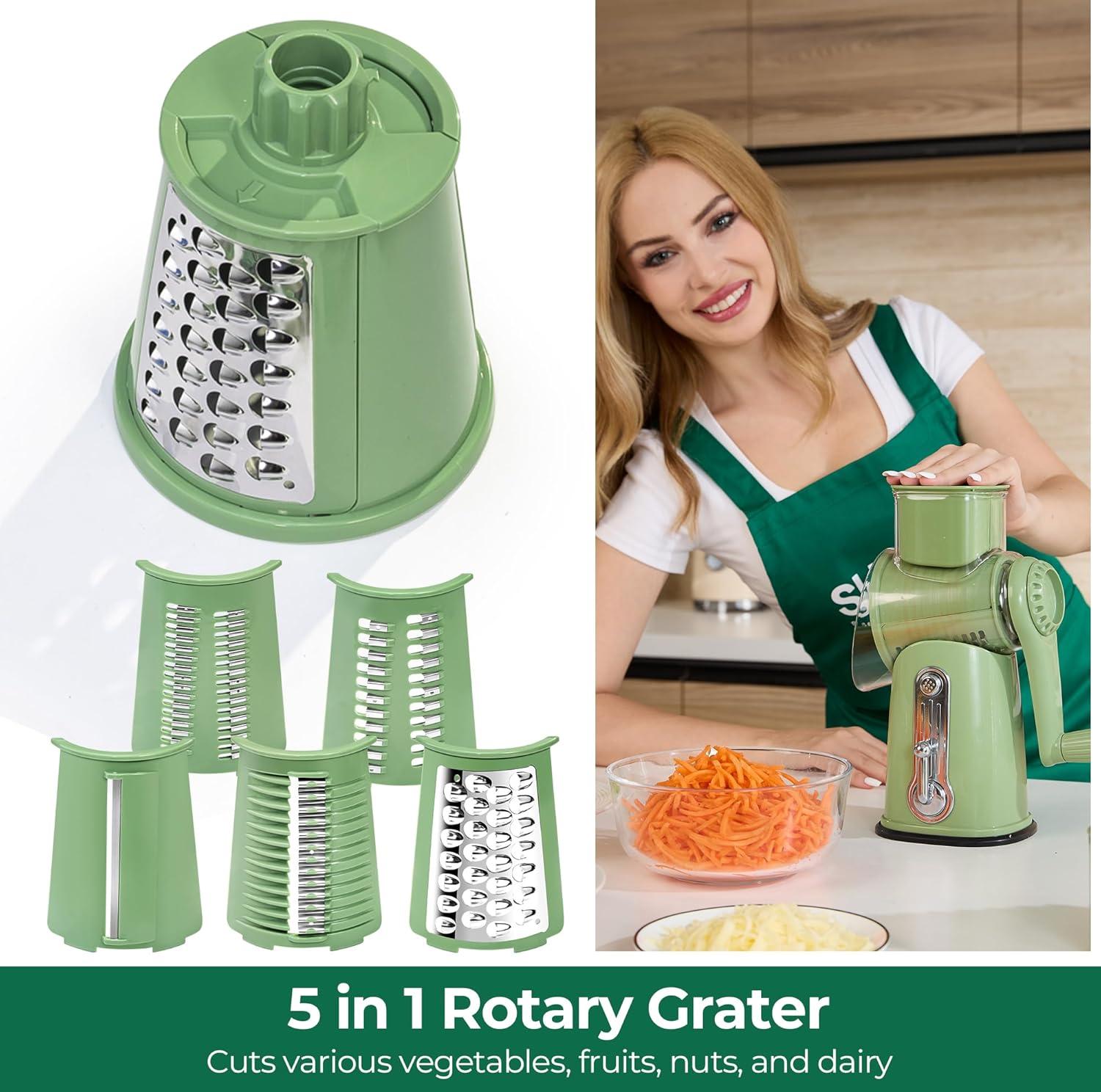 image:imageSUSTEAS Rotary Cheese Grater with Handle Vegetable Shredder with 5 Welldesigned Blades amp Strong Suction BaseRound Mandoline Slicer amp Food Chopper for Kitchenwith Blade Storage BoxRetro GreenGreen