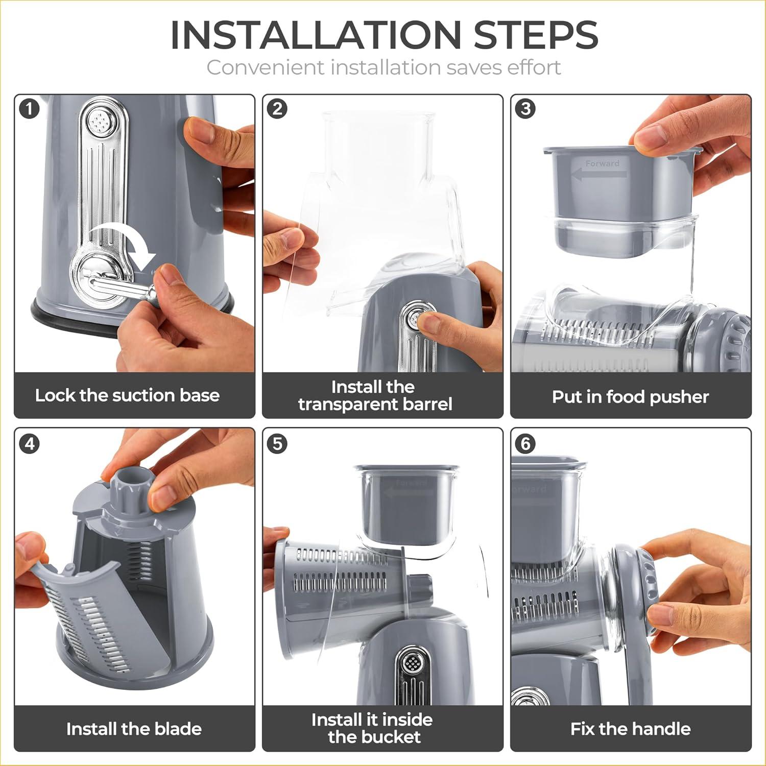 image:imageSUSTEAS Rotary Cheese Grater with Handle Vegetable Shredder with 5 Welldesigned Blades amp Strong Suction BaseRound Mandoline Slicer amp Food Chopper for Kitchenwith Blade Storage BoxRetro GreenGray