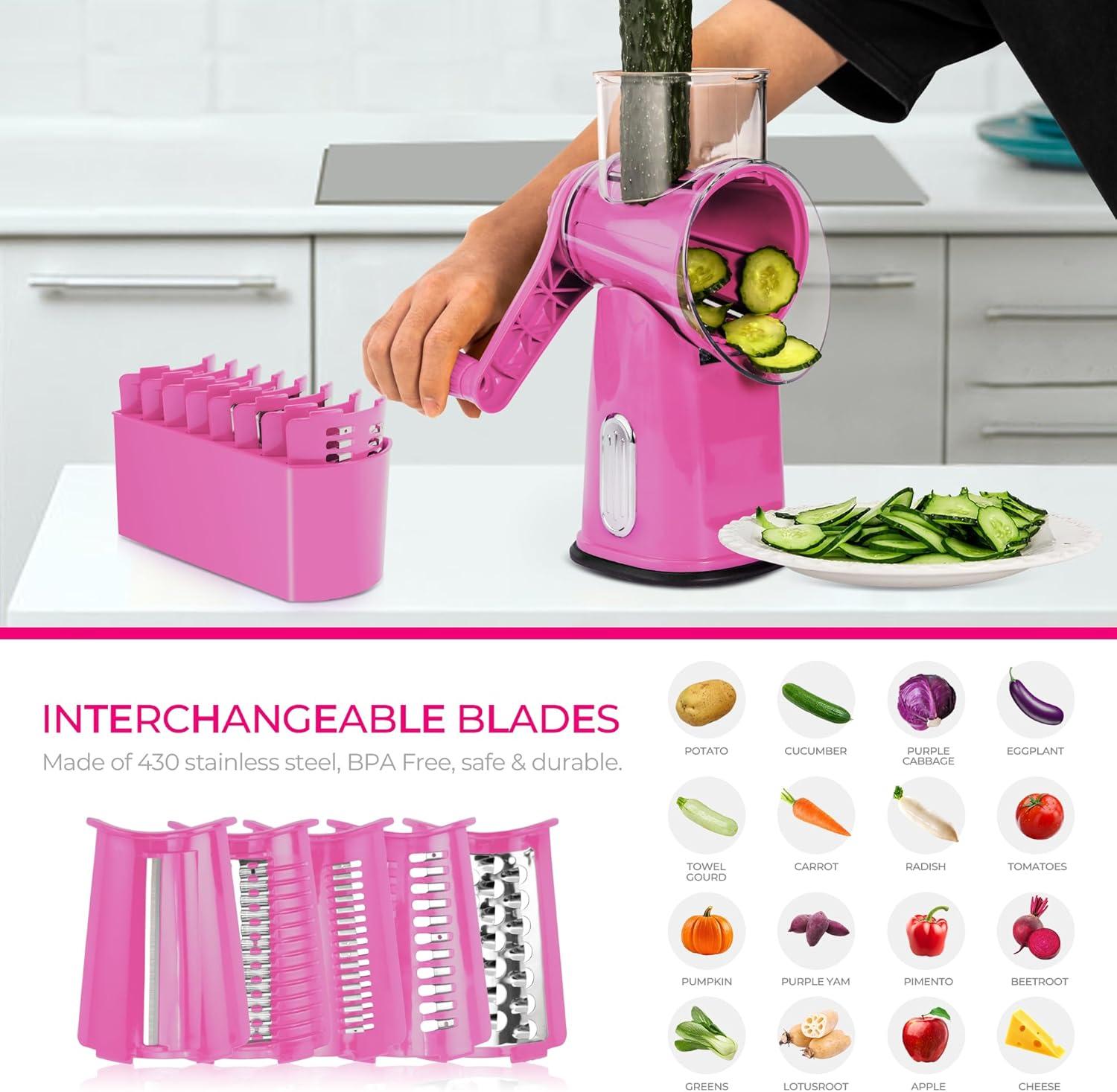 image:imageSUSTEAS Rotary Cheese Grater with Handle Vegetable Shredder with 5 Welldesigned Blades amp Strong Suction BaseRound Mandoline Slicer amp Food Chopper for Kitchenwith Blade Storage BoxRetro GreenPink