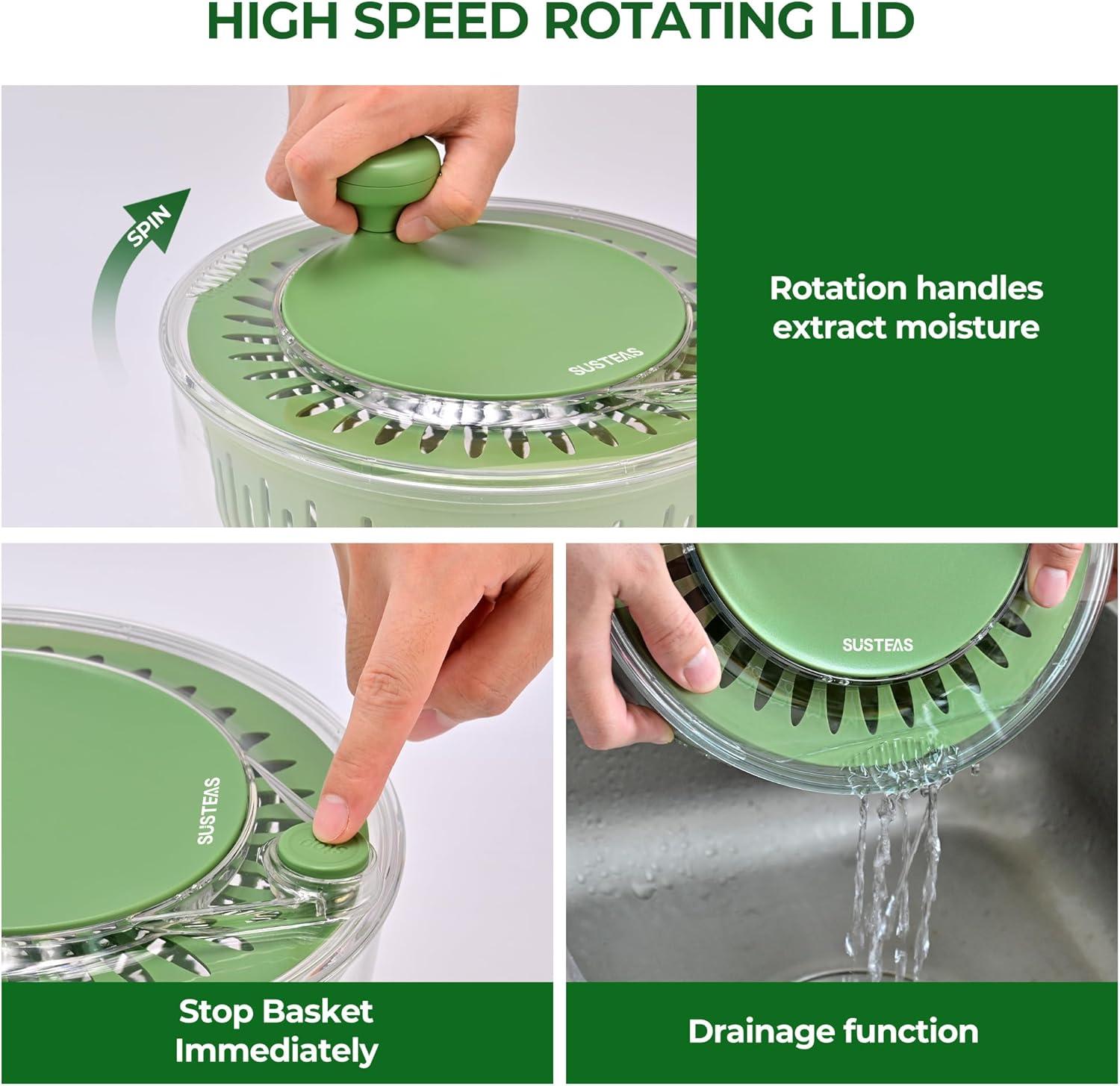 image:imageSUSTEAS Stainless Steel Salad Spinner Large Vegetables Wash Bowl Fruits amp Herb Lettuce Dryer with 5 Blade Slicer Egg Yolk Strainer Shredder for Efficient Salad Preparation and Food Washing 425QtSalad Spinner with Slicer