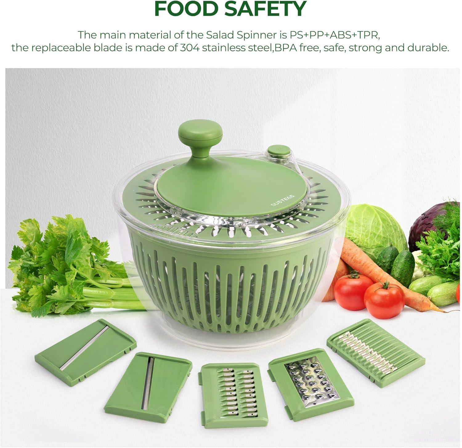 image:imageSUSTEAS Stainless Steel Salad Spinner Large Vegetables Wash Bowl Fruits amp Herb Lettuce Dryer with 5 Blade Slicer Egg Yolk Strainer Shredder for Efficient Salad Preparation and Food Washing 425QtSalad Spinner with Slicer