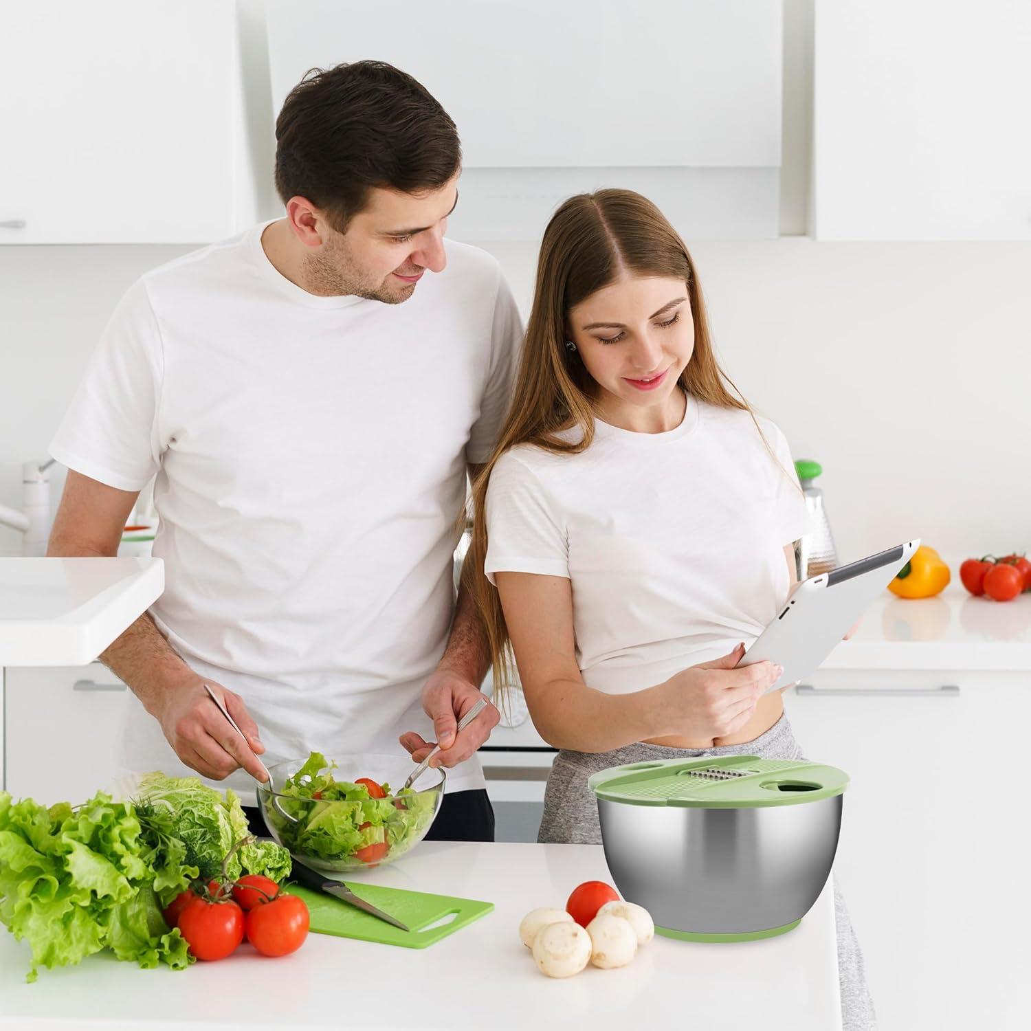 image:imageSUSTEAS Stainless Steel Salad Spinner Large Vegetables Wash Bowl Fruits amp Herb Lettuce Dryer with 5 Blade Slicer Egg Yolk Strainer Shredder for Efficient Salad Preparation and Food Washing 425QtStainless Steel Salad Spinner with Slicer