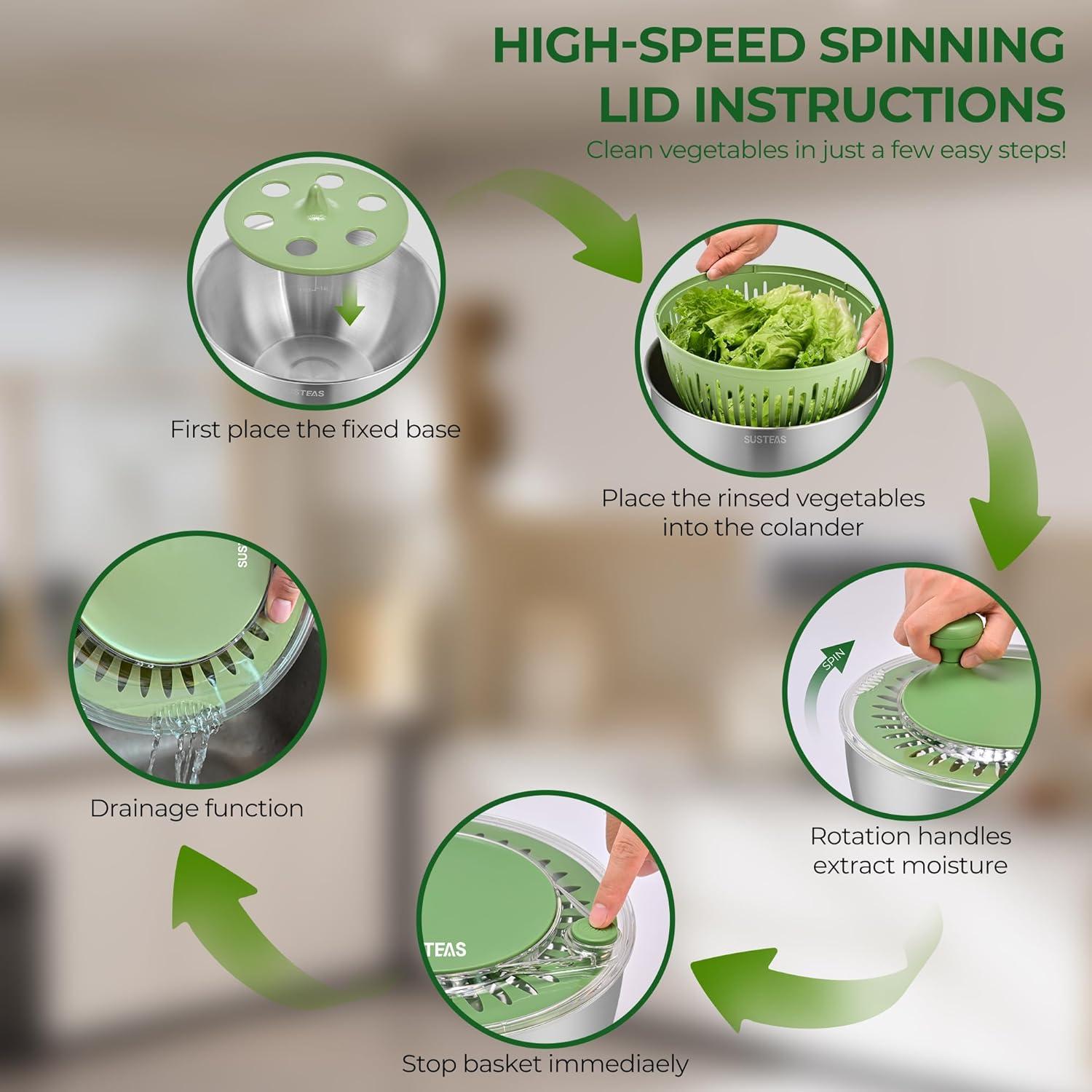 image:imageSUSTEAS Stainless Steel Salad Spinner Large Vegetables Wash Bowl Fruits amp Herb Lettuce Dryer with 5 Blade Slicer Egg Yolk Strainer Shredder for Efficient Salad Preparation and Food Washing 425QtStainless Steel Salad Spinner with Slicer