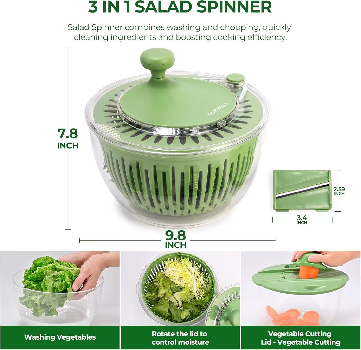 image:imageSUSTEAS Stainless Steel Salad Spinner Large Vegetables Wash Bowl Fruits amp Herb Lettuce Dryer with 5 Blade Slicer Egg Yolk Strainer Shredder for Efficient Salad Preparation and Food Washing 425QtSalad Spinner with Slicer