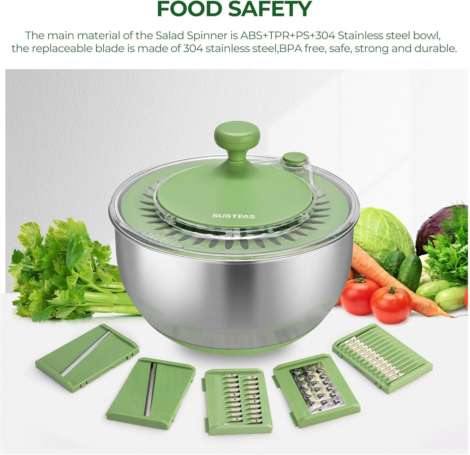 image:imageSUSTEAS Stainless Steel Salad Spinner Large Vegetables Wash Bowl Fruits amp Herb Lettuce Dryer with 5 Blade Slicer Egg Yolk Strainer Shredder for Efficient Salad Preparation and Food Washing 425QtStainless Steel Salad Spinner with Slicer