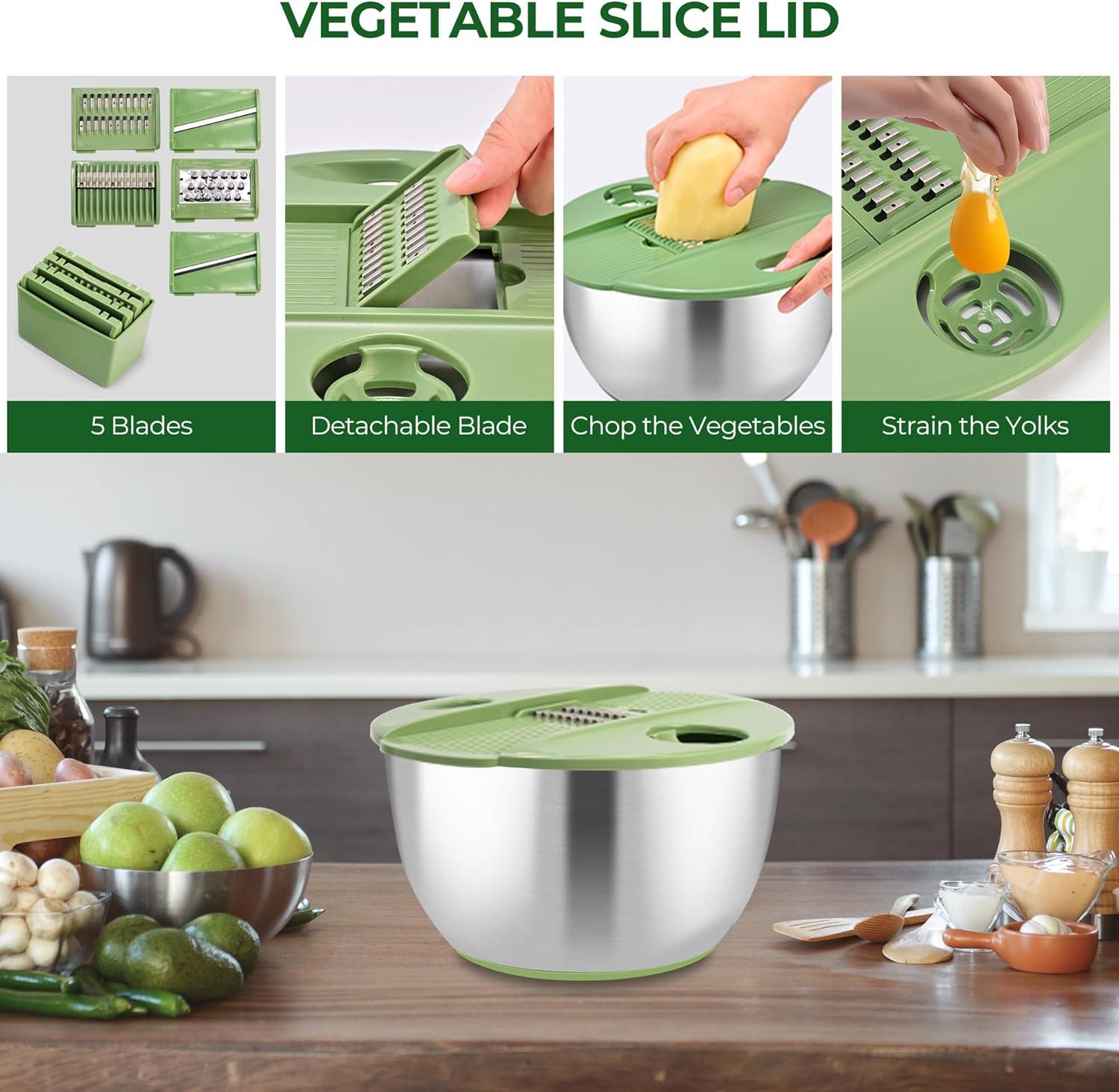 image:imageSUSTEAS Stainless Steel Salad Spinner Large Vegetables Wash Bowl Fruits amp Herb Lettuce Dryer with 5 Blade Slicer Egg Yolk Strainer Shredder for Efficient Salad Preparation and Food Washing 425QtStainless Steel Salad Spinner with Slicer