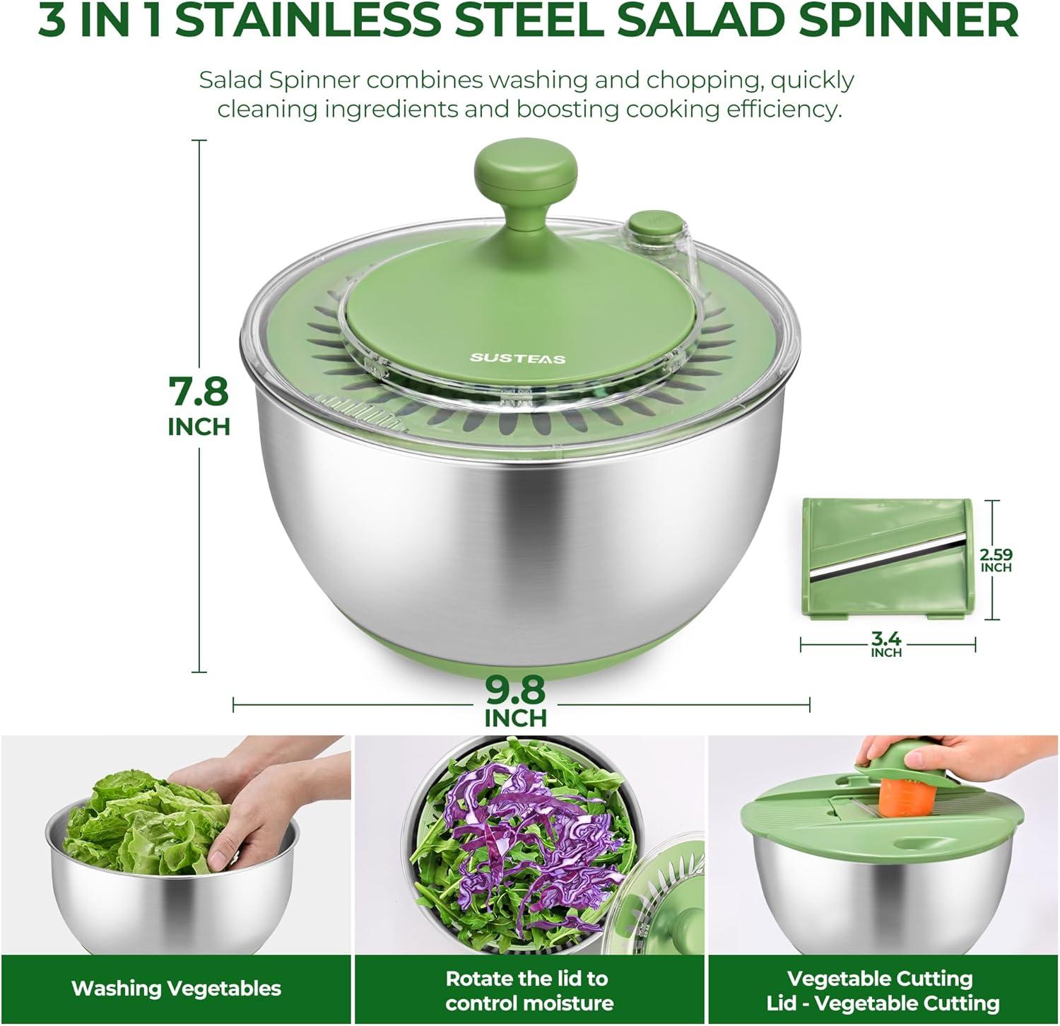image:imageSUSTEAS Stainless Steel Salad Spinner Large Vegetables Wash Bowl Fruits amp Herb Lettuce Dryer with 5 Blade Slicer Egg Yolk Strainer Shredder for Efficient Salad Preparation and Food Washing 425QtStainless Steel Salad Spinner with Slicer