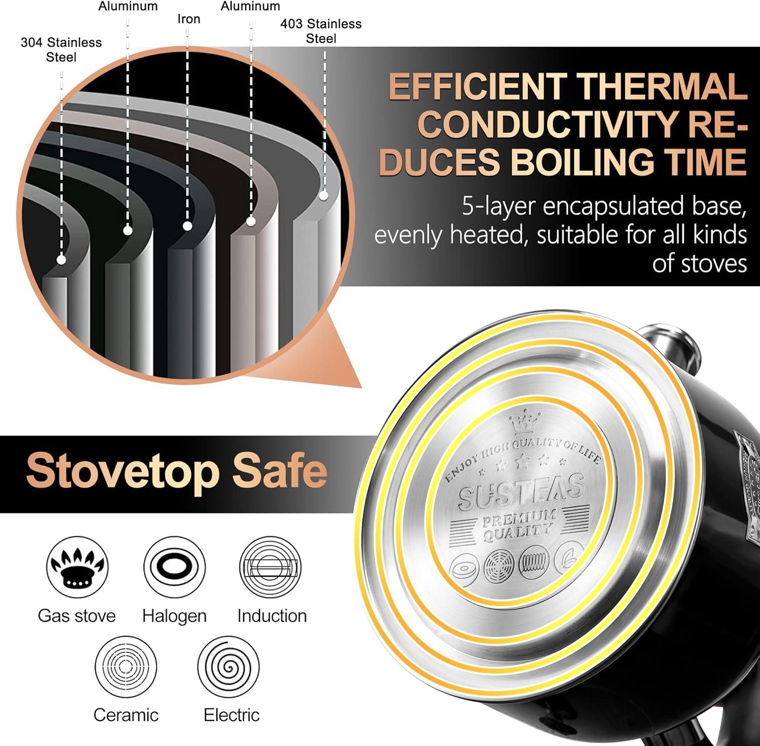 image:imageSUSTEAS Tea Kettle 317QT Whistling Kettle with Ergonomic Handle Premium Stainless Steel Tea Pots for Stove Top Chic Vintage Teapot with Composite Base Work for All Stovetops BlackBlack