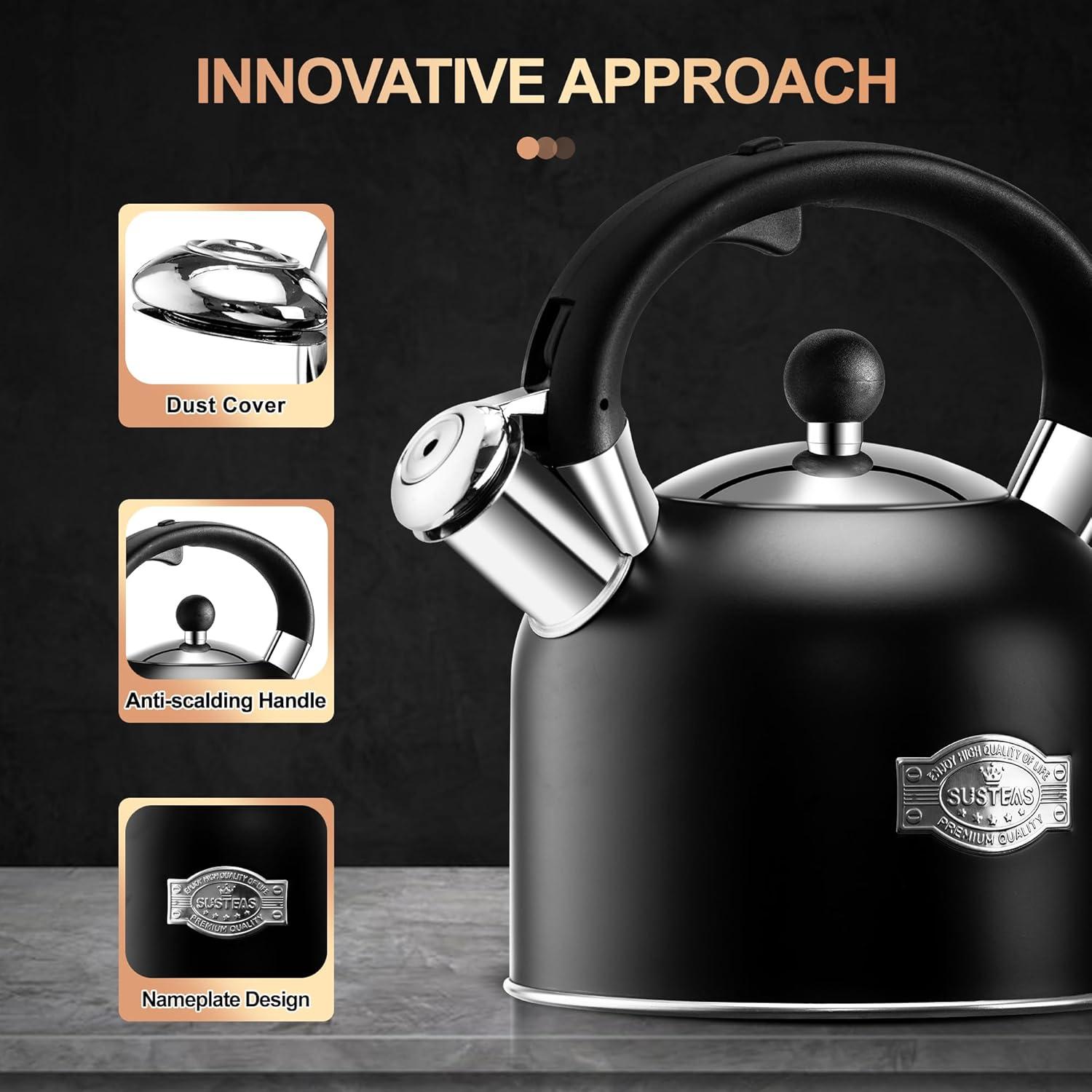image:imageSUSTEAS Tea Kettle 317QT Whistling Kettle with Ergonomic Handle Premium Stainless Steel Tea Pots for Stove Top Chic Vintage Teapot with Composite Base Work for All Stovetops BlackBlack