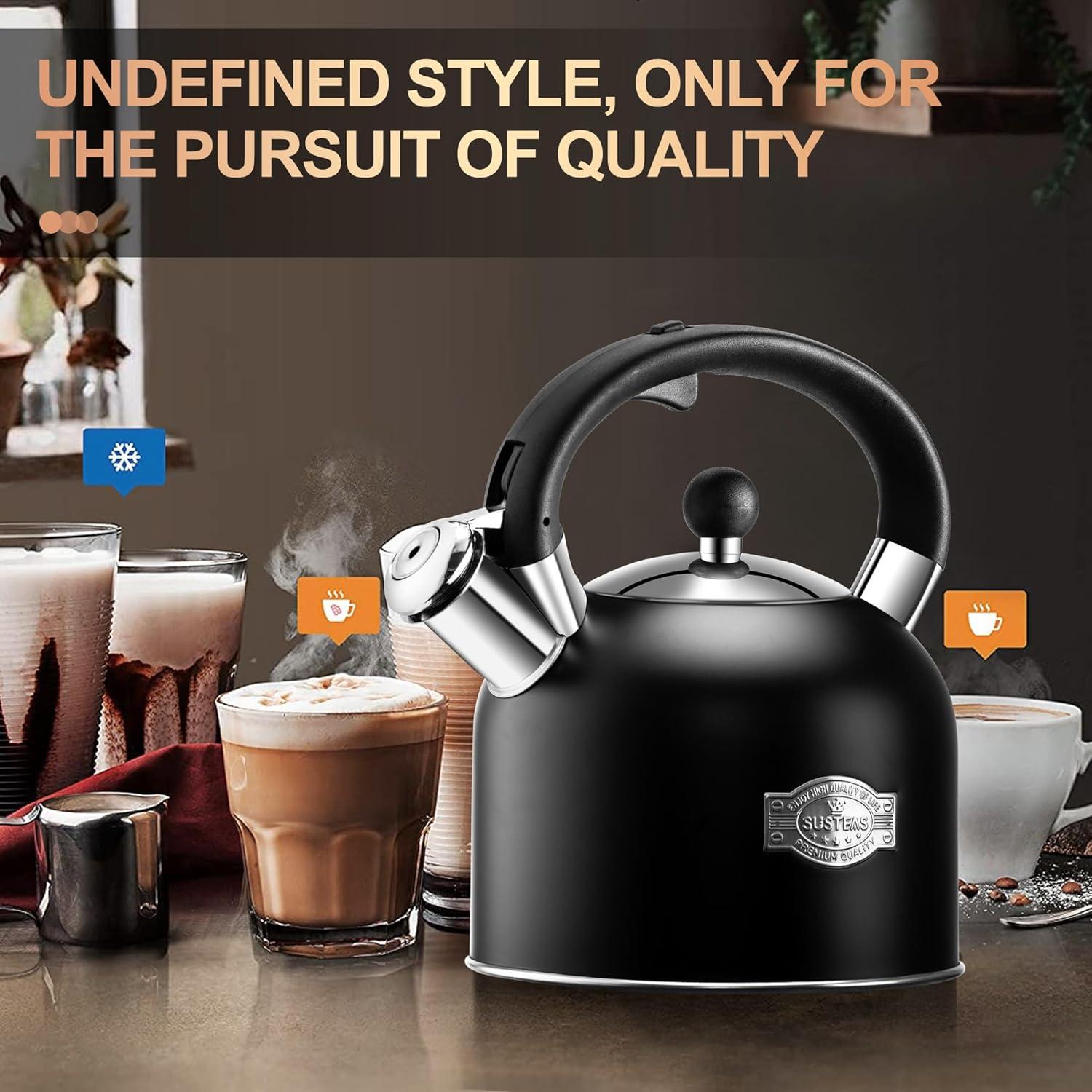 image:imageSUSTEAS Tea Kettle 317QT Whistling Kettle with Ergonomic Handle Premium Stainless Steel Tea Pots for Stove Top Chic Vintage Teapot with Composite Base Work for All Stovetops BlackBlack