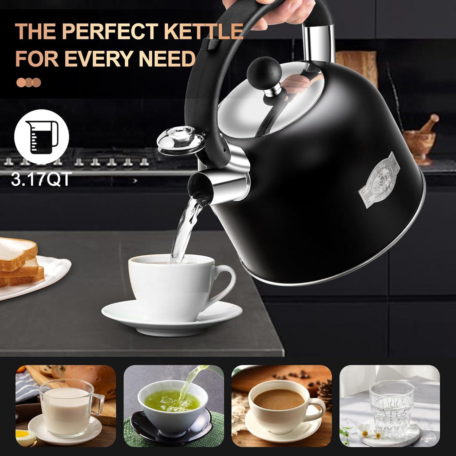image:imageSUSTEAS Tea Kettle 317QT Whistling Kettle with Ergonomic Handle Premium Stainless Steel Tea Pots for Stove Top Chic Vintage Teapot with Composite Base Work for All Stovetops BlackBlack