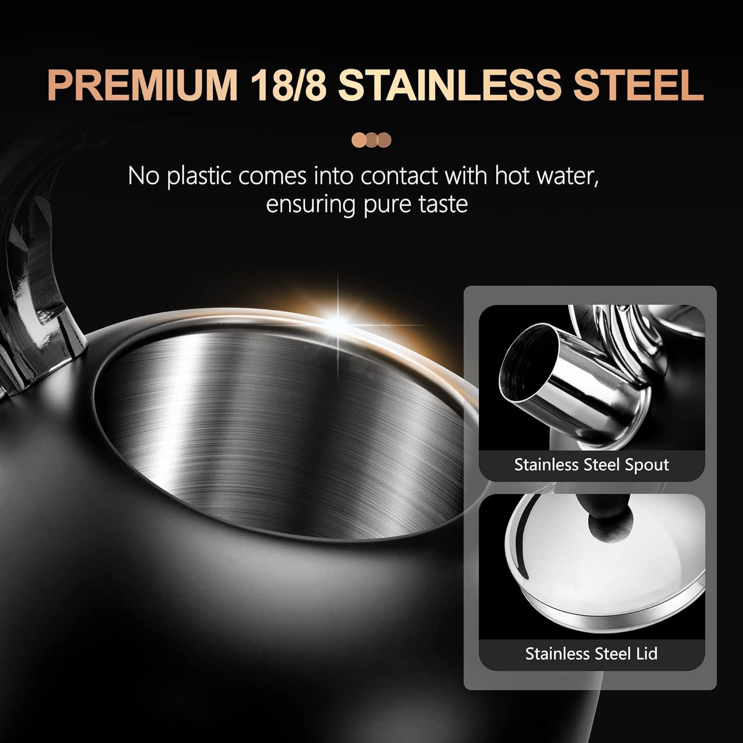 image:imageSUSTEAS Tea Kettle 317QT Whistling Kettle with Ergonomic Handle Premium Stainless Steel Tea Pots for Stove Top Chic Vintage Teapot with Composite Base Work for All Stovetops BlackBlack