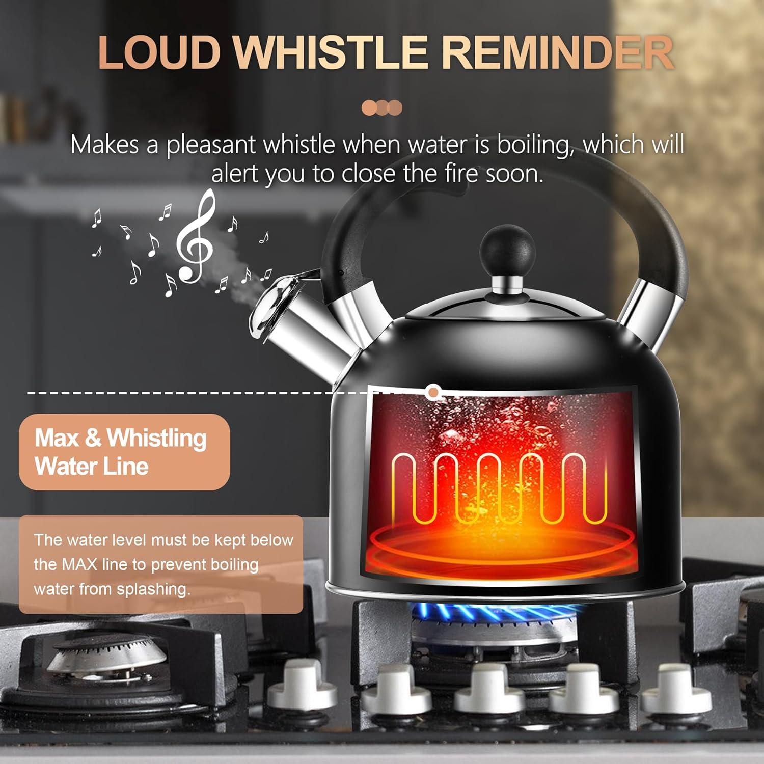 image:imageSUSTEAS Tea Kettle 317QT Whistling Kettle with Ergonomic Handle Premium Stainless Steel Tea Pots for Stove Top Chic Vintage Teapot with Composite Base Work for All Stovetops BlackBlack